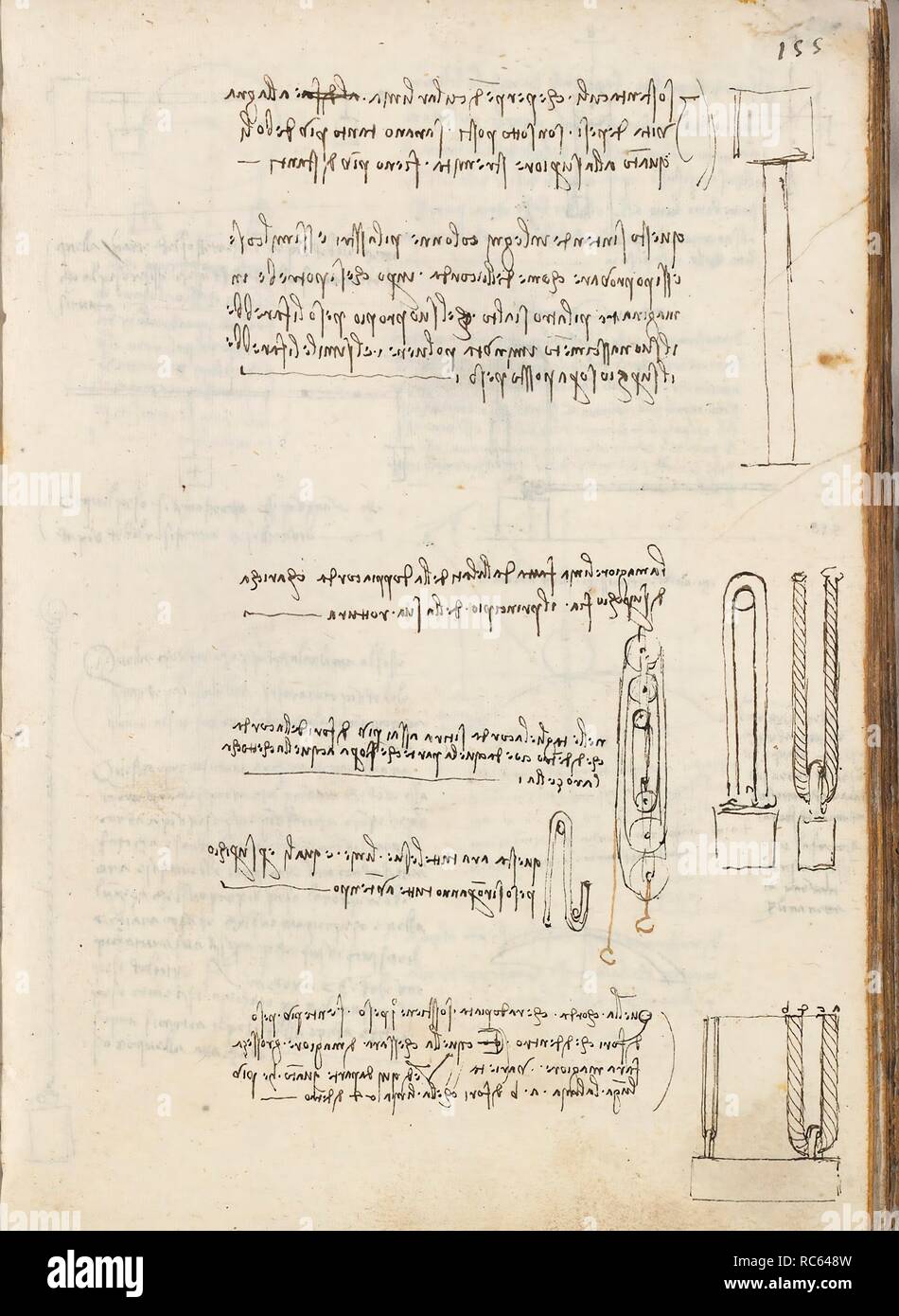 Folio f 155r. Codex Madrid I (Ms. 8937) 'Treaty of statics and mechanics', 192 folios with 384 pages. Internal format: 215 x 145 mm. CIVIL ENGINEERING, CONSTRUCTION. APPLIED MECHANICS (COMPONENTS). PRINCIPLES OF MECHANICS, CINEMATICS, DYNAMICS. Museum: BIBLIOTECA NACIONAL DE ESPAÑA, MADRID. Author: LEONARDO DA VINCI. Stock Photo