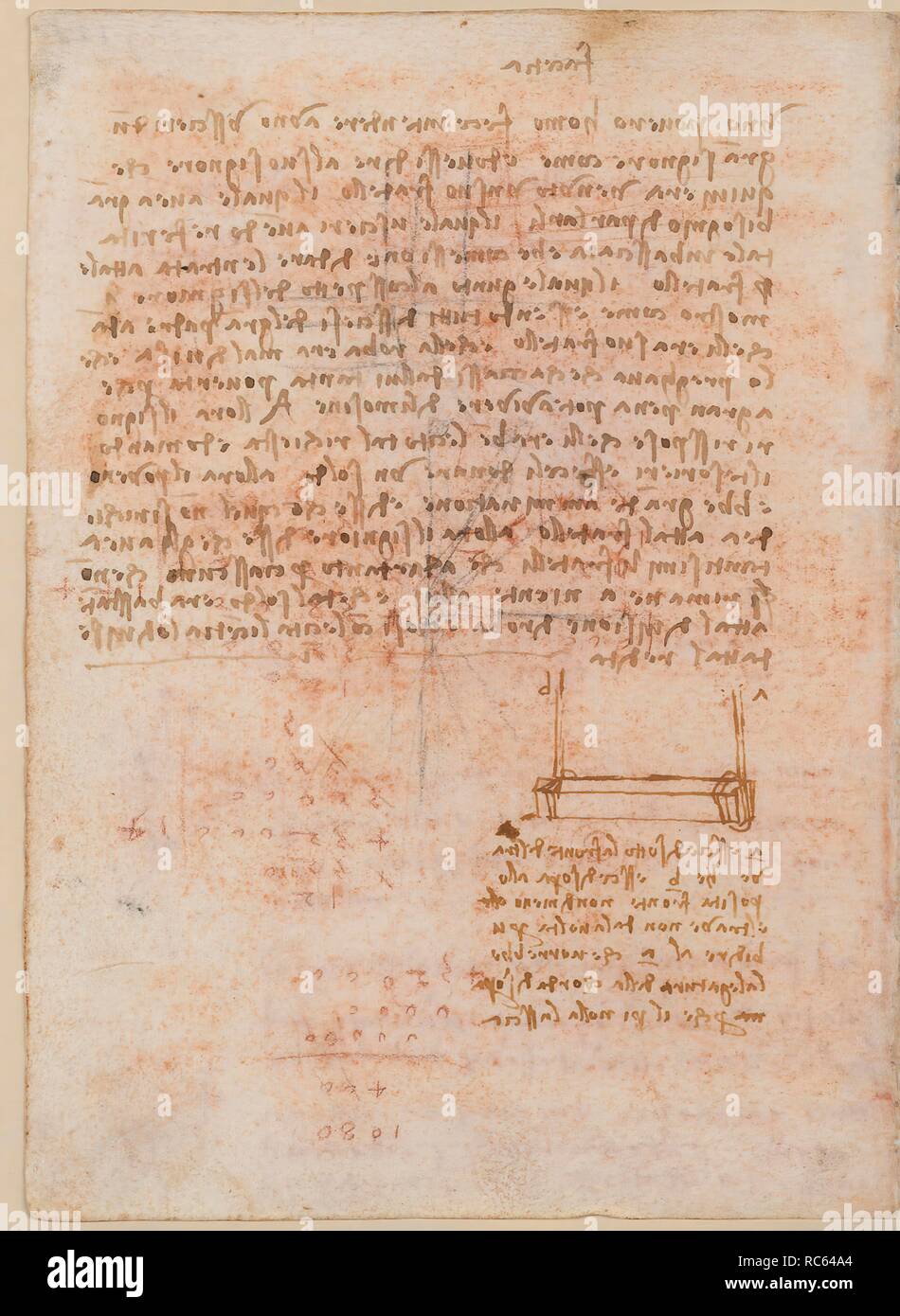 Folio f 126v. Codex Madrid II (Ms. 8936) 'Treaty of fortification, statics and geometry'. 158 folios with 316 pages. Internal format: 210 x 145 mm. FABLES, RIDDLES. CIVIL ENGINEERING, CONSTRUCTION. OBSERVATION OF NATURE. MATH OPERATIONS, ACCOUNTING NOTES. PRINCIPLES OF MECHANICS, CINEMATICS, DYNAMICS. Museum: BIBLIOTECA NACIONAL DE ESPAÑA, MADRID. Author: LEONARDO DA VINCI. Stock Photo