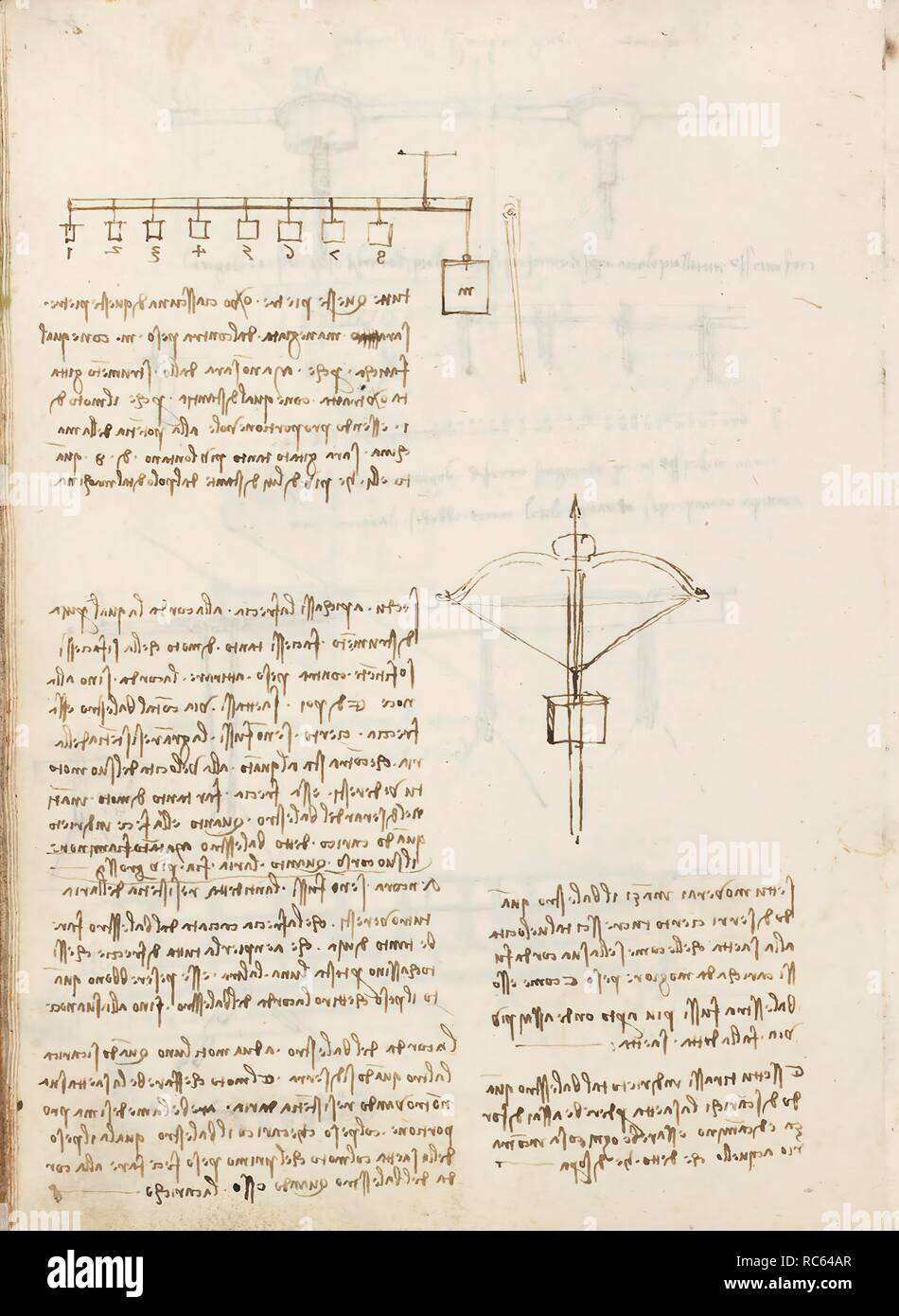 Folio f 54v. Codex Madrid I (Ms. 8937) 'Treaty of statics and mechanics', 192 folios with 384 pages. Internal format: 215 x 145 mm. APPLIED MECHANICS (COMPONENTS). PRINCIPLES OF MECHANICS, CINEMATICS, DYNAMICS. APPLIED MECHANICS (MACHINES AND WITS). Museum: BIBLIOTECA NACIONAL DE ESPAÑA, MADRID. Author: LEONARDO DA VINCI. Stock Photo