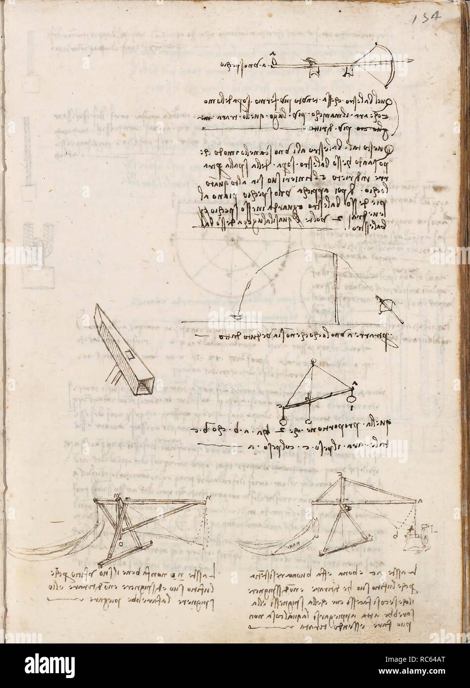 Folio f 154r. Codex Madrid I (Ms. 8937) 'Treaty of statics and mechanics', 192 folios with 384 pages. Internal format: 215 x 145 mm. MATHEMATICS. APPLIED MECHANICS (MACHINES AND WITS). OBSERVATION OF NATURE. PRINCIPLES OF MECHANICS, CINEMATICS, DYNAMICS. Museum: BIBLIOTECA NACIONAL DE ESPAÑA, MADRID. Author: LEONARDO DA VINCI. Stock Photo