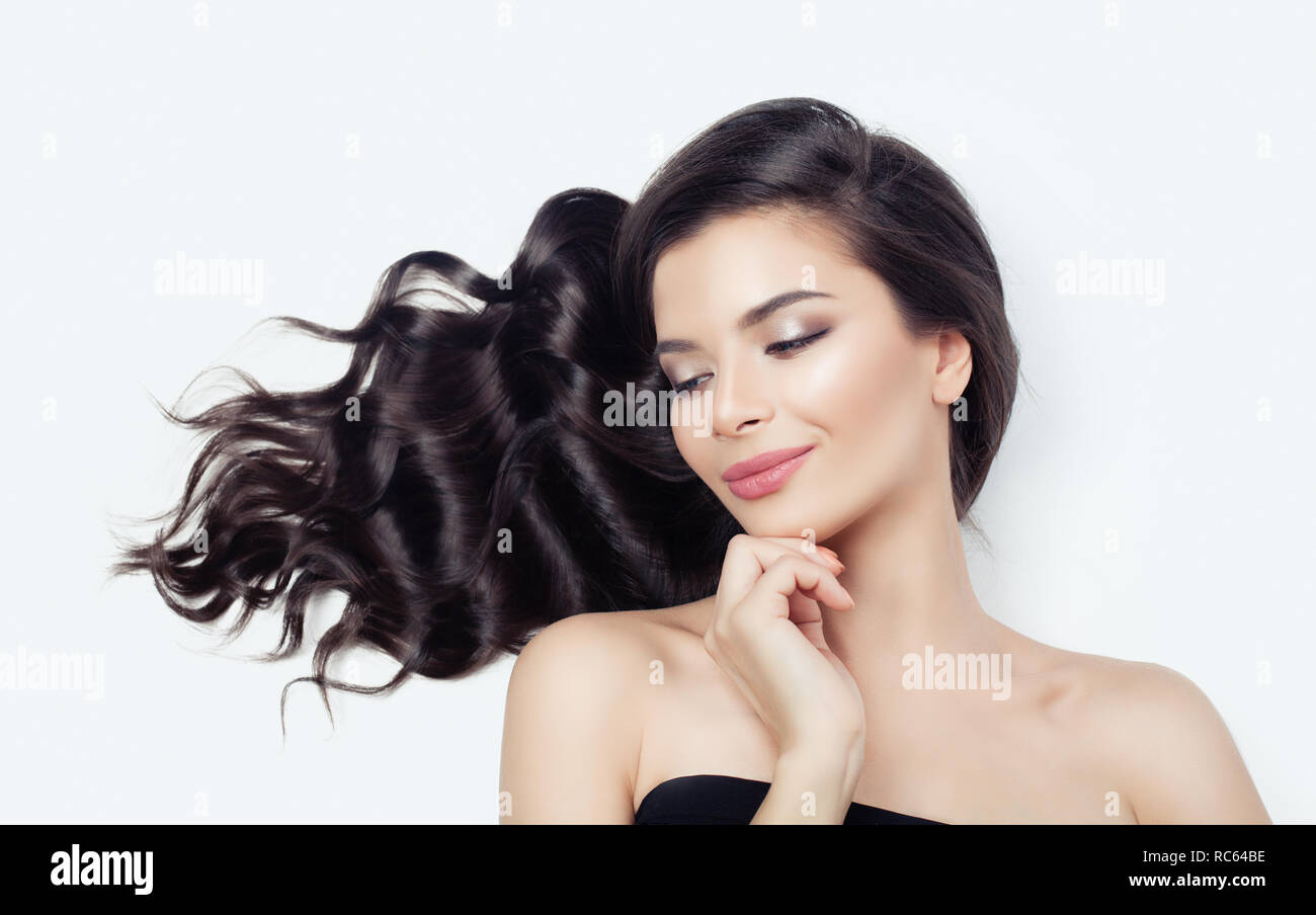 Cheerful Woman On White Background Long Curly Hair Natural
