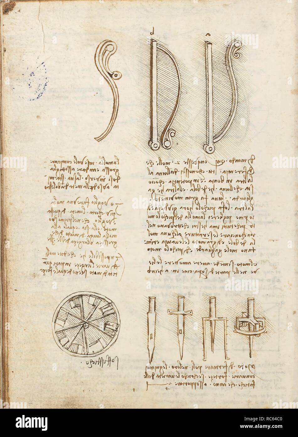 Folio f 79v. Codex Madrid I (Ms. 8937) 'Treaty of statics and mechanics', 192 folios with 384 pages. Internal format: 215 x 145 mm. APPLIED MECHANICS (COMPONENTS). APPLIED MECHANICS (MACHINES AND WITS). PRINCIPLES OF MECHANICS, CINEMATICS, DYNAMICS. Museum: BIBLIOTECA NACIONAL DE ESPAÑA, MADRID. Author: LEONARDO DA VINCI. Stock Photo