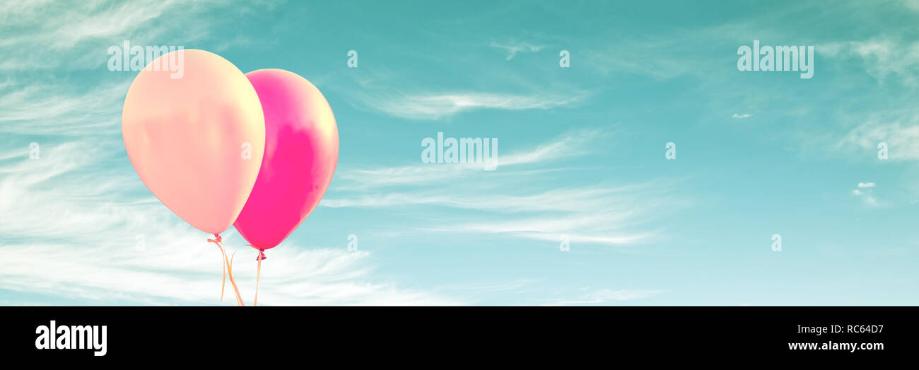 Two pink balloons on panoramic sky background, love and couple concept Stock Photo