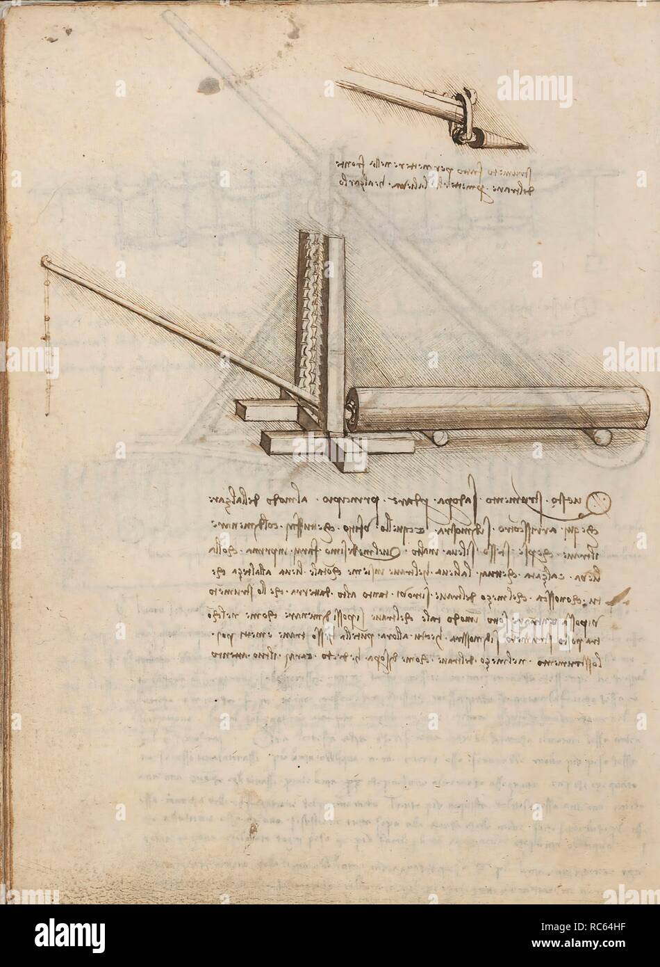 Folio f 43v. Codex Madrid I (Ms. 8937) 'Treaty of statics and mechanics', 192 folios with 384 pages. Internal format: 215 x 145 mm. APPLIED MECHANICS (COMPONENTS). PRINCIPLES OF MECHANICS, CINEMATICS, DYNAMICS. CIVIL ENGINEERING, CONSTRUCTION. APPLIED MECHANICS (MACHINES AND WITS). Museum: BIBLIOTECA NACIONAL DE ESPAÑA, MADRID. Author: LEONARDO DA VINCI. Stock Photo