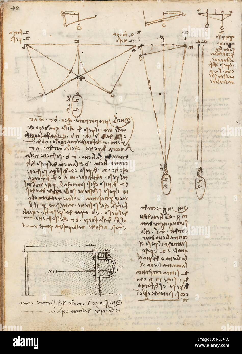 Folio f 107v. Codex Madrid I (Ms. 8937) "Treaty of statics and mechanics", 192 folios with 384 pages. Internal format: 215 x 145 mm. APPLIED MECHANICS (MACHINES AND WITS). PRINCIPLES OF MECHANICS, CINEMATICS, DYNAMICS. APPLIED MECHANICS (COMPONENTS). Museum: BIBLIOTECA NACIONAL DE ESPAÑA, MADRID. Author: LEONARDO DA VINCI. Stock Photo