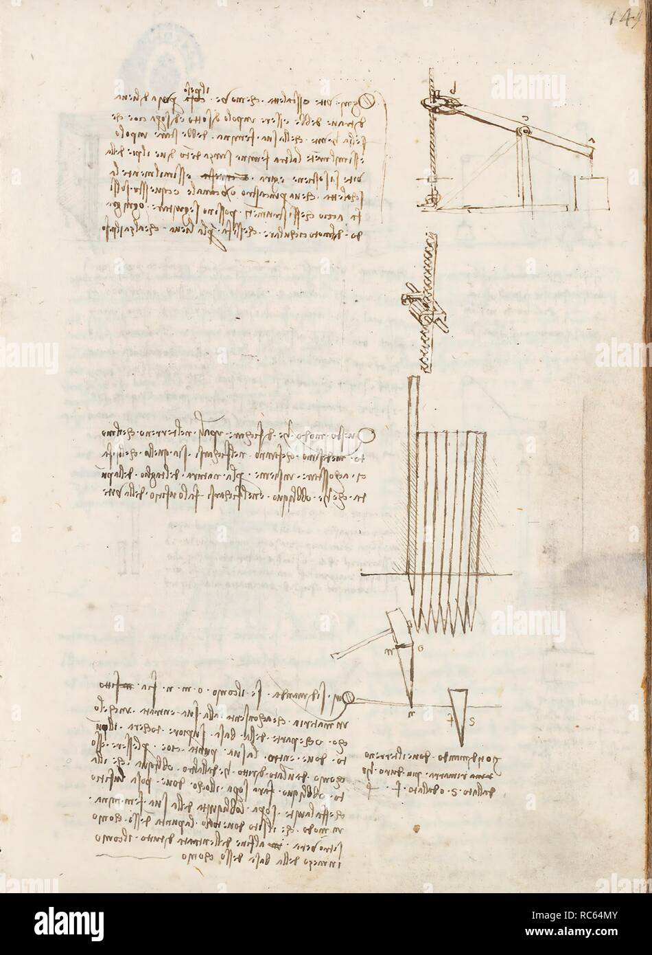 Folio f 149r. Codex Madrid I (Ms. 8937) 'Treaty of statics and mechanics', 192 folios with 384 pages. Internal format: 215 x 145 mm. APPLIED MECHANICS (COMPONENTS). APPLIED MECHANICS (MACHINES AND WITS). PRINCIPLES OF MECHANICS, CINEMATICS, DYNAMICS. Museum: BIBLIOTECA NACIONAL DE ESPAÑA, MADRID. Author: LEONARDO DA VINCI. Stock Photo