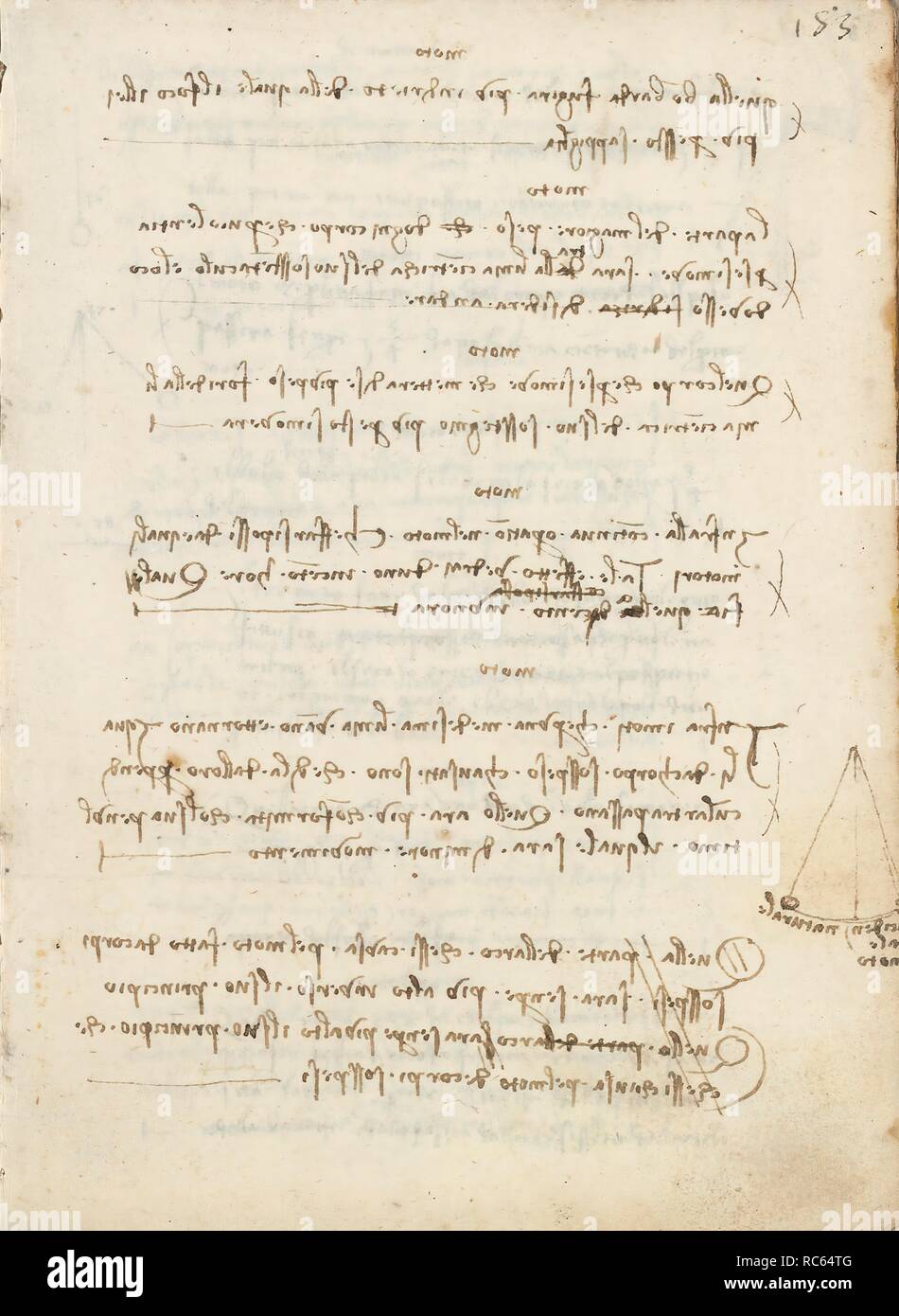Folio f 183r. Codex Madrid I (Ms. 8937) 'Treaty of statics and mechanics', 192 folios with 384 pages. Internal format: 215 x 145 mm. APPLIED MECHANICS (MACHINES AND WITS). PRINCIPLES OF MECHANICS, CINEMATICS, DYNAMICS. Museum: BIBLIOTECA NACIONAL DE ESPAÑA, MADRID. Author: LEONARDO DA VINCI. Stock Photo