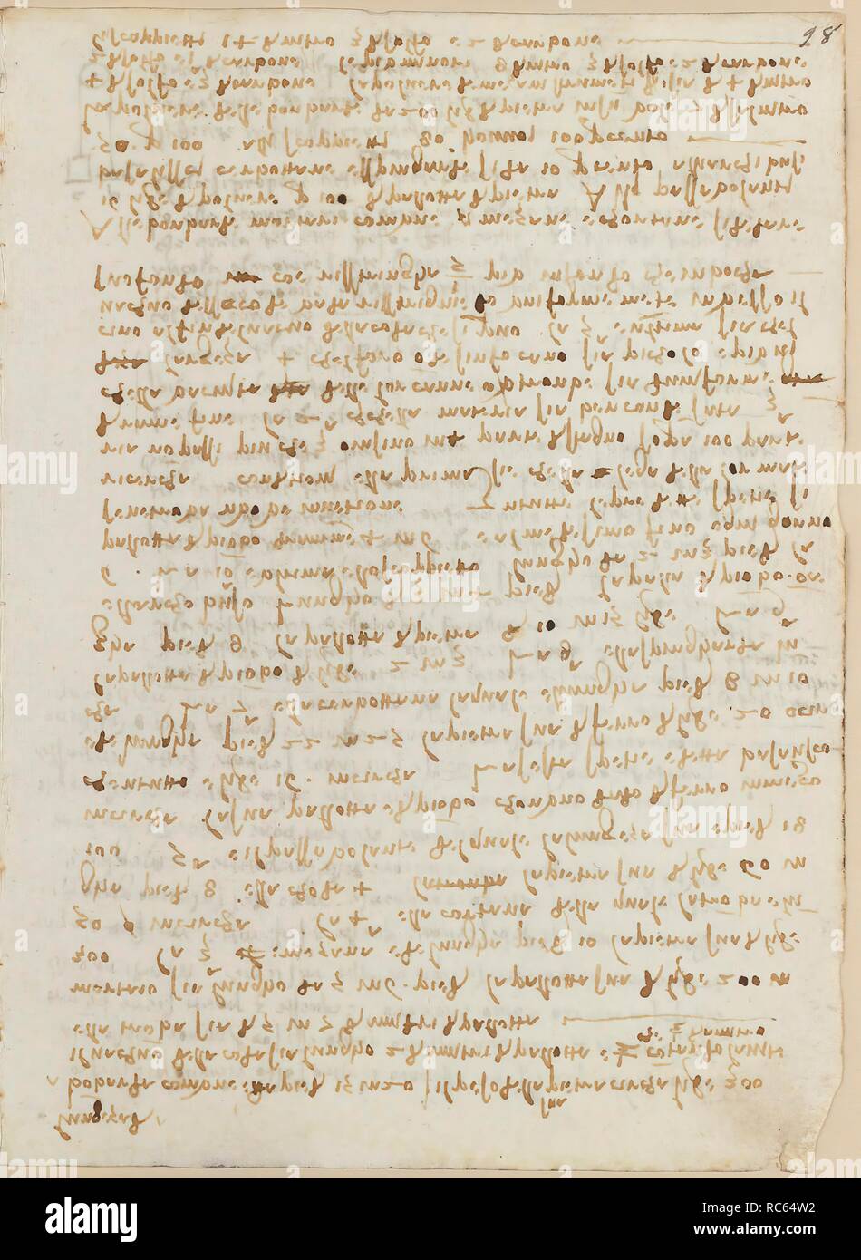 Folio f 98r. Codex Madrid II (Ms. 8936) 'Treaty of fortification, statics and geometry'. 158 folios with 316 pages. Internal format: 210 x 145 mm. APPLIED MECHANICS (MACHINES AND WITS). MENTION OF MATERIALS. PRINCIPLES OF MECHANICS, CINEMATICS, DYNAMICS. APPLIED MECHANICS (COMPONENTS). Museum: BIBLIOTECA NACIONAL DE ESPAÑA, MADRID. Author: LEONARDO DA VINCI. Stock Photo