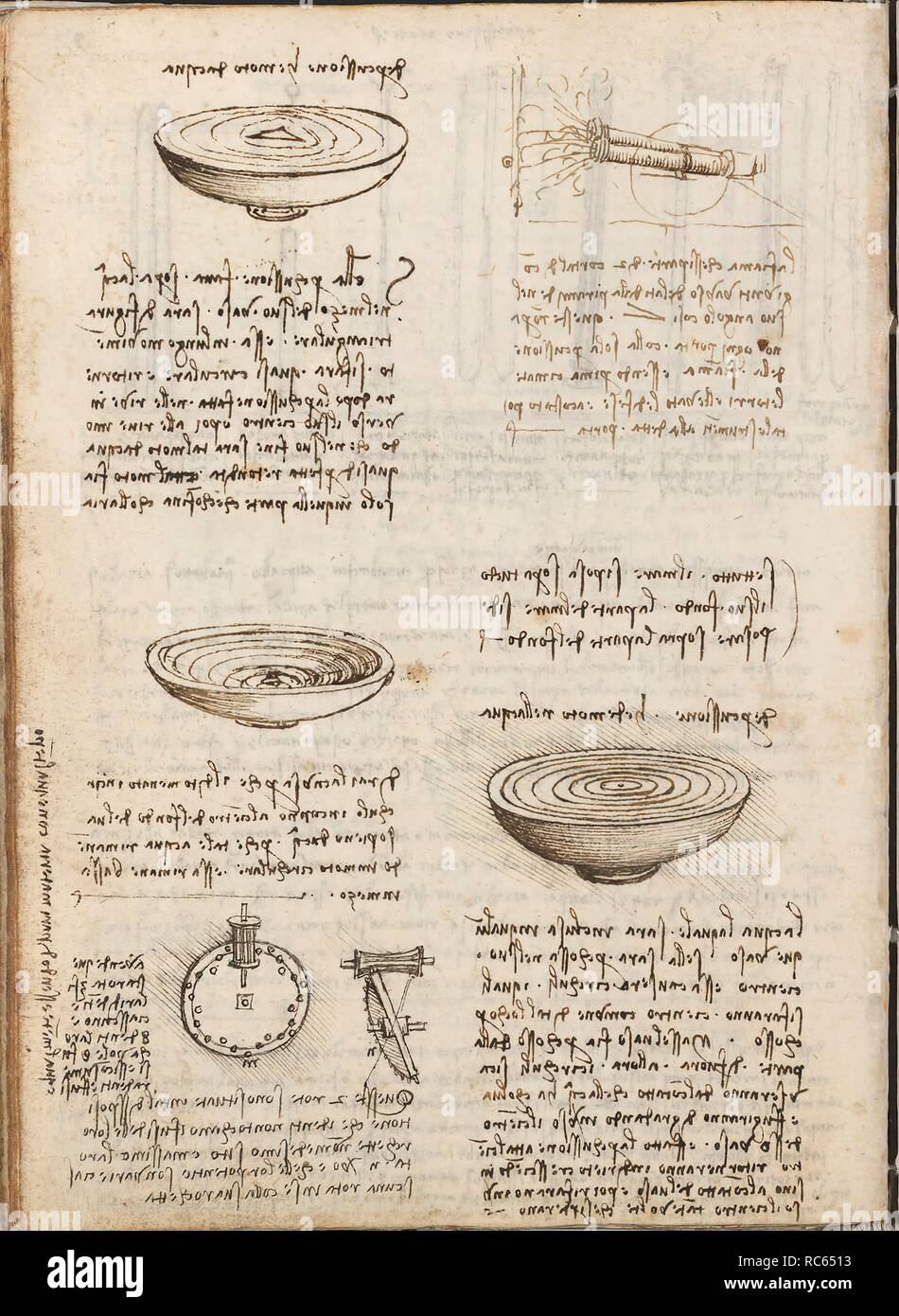 Folio f 95v. Codex Madrid I (Ms. 8937) 'Treaty of statics and mechanics', 192 folios with 384 pages. Internal format: 215 x 145 mm. MILITARY ENGINEERING, FORTIFICATIONS. APPLIED MECHANICS (MACHINES AND WITS). PRINCIPLES OF MECHANICS, CINEMATICS, DYNAMICS. APPLIED MECHANICS (COMPONENTS). Museum: BIBLIOTECA NACIONAL DE ESPAÑA, MADRID. Author: LEONARDO DA VINCI. Stock Photo