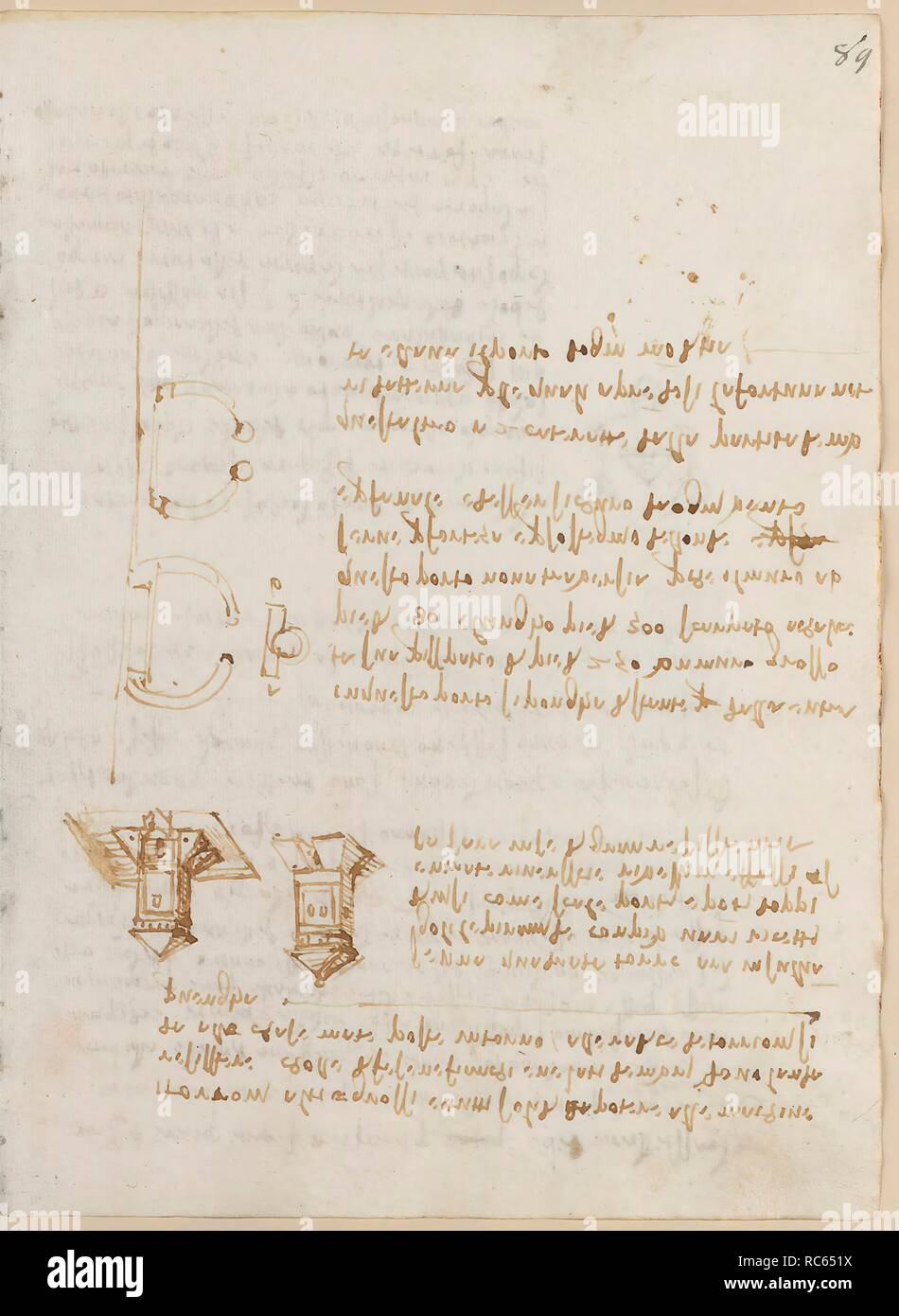 Folio f 89r. Codex Madrid II (Ms. 8936) 'Treaty of fortification, statics and geometry'. 158 folios with 316 pages. Internal format: 210 x 145 mm. CIVIL ENGINEERING, CONSTRUCTION. APPLIED MECHANICS (MACHINES AND WITS). PRINCIPLES OF MECHANICS, CINEMATICS, DYNAMICS. MILITARY ENGINEERING, FORTIFICATIONS. Museum: BIBLIOTECA NACIONAL DE ESPAÑA, MADRID. Author: LEONARDO DA VINCI. Stock Photo