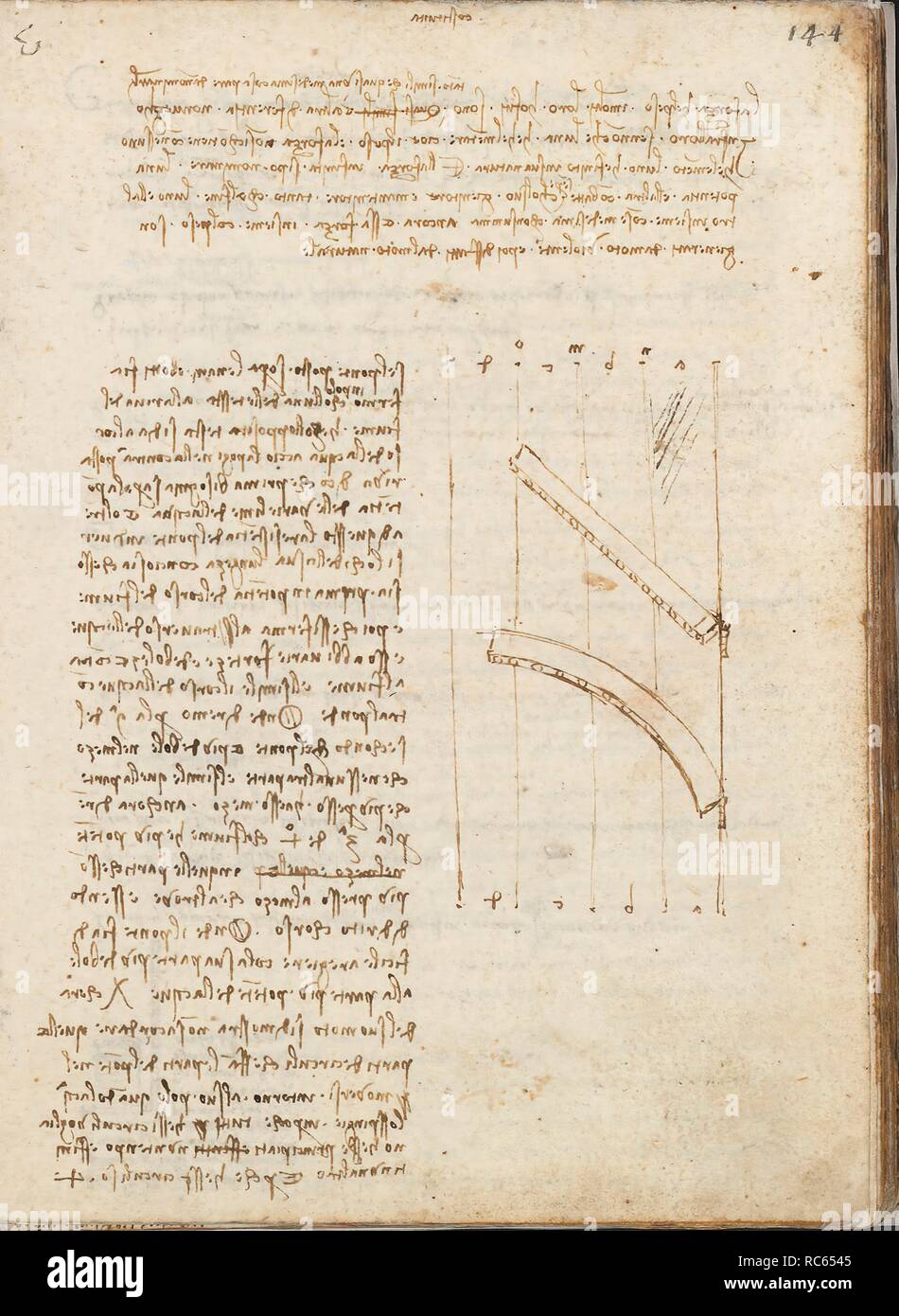 Folio f 144r. Codex Madrid I (Ms. 8937) 'Treaty of statics and mechanics', 192 folios with 384 pages. Internal format: 215 x 145 mm. APPLIED MECHANICS (MACHINES AND WITS). PRINCIPLES OF MECHANICS, CINEMATICS, DYNAMICS. CIVIL ENGINEERING, CONSTRUCTION. Museum: BIBLIOTECA NACIONAL DE ESPAÑA, MADRID. Author: LEONARDO DA VINCI. Stock Photo
