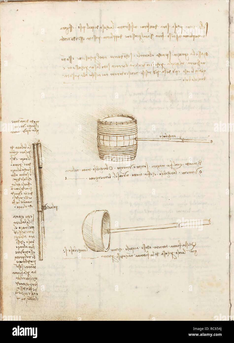 Folio f 59v. Codex Madrid I (Ms. 8937) 'Treaty of statics and mechanics', 192 folios with 384 pages. Internal format: 215 x 145 mm. APPLIED MECHANICS (MACHINES AND WITS). PRINCIPLES OF MECHANICS, CINEMATICS, DYNAMICS. MENTION OF MATERIALS. Museum: BIBLIOTECA NACIONAL DE ESPAÑA, MADRID. Author: LEONARDO DA VINCI. Stock Photo