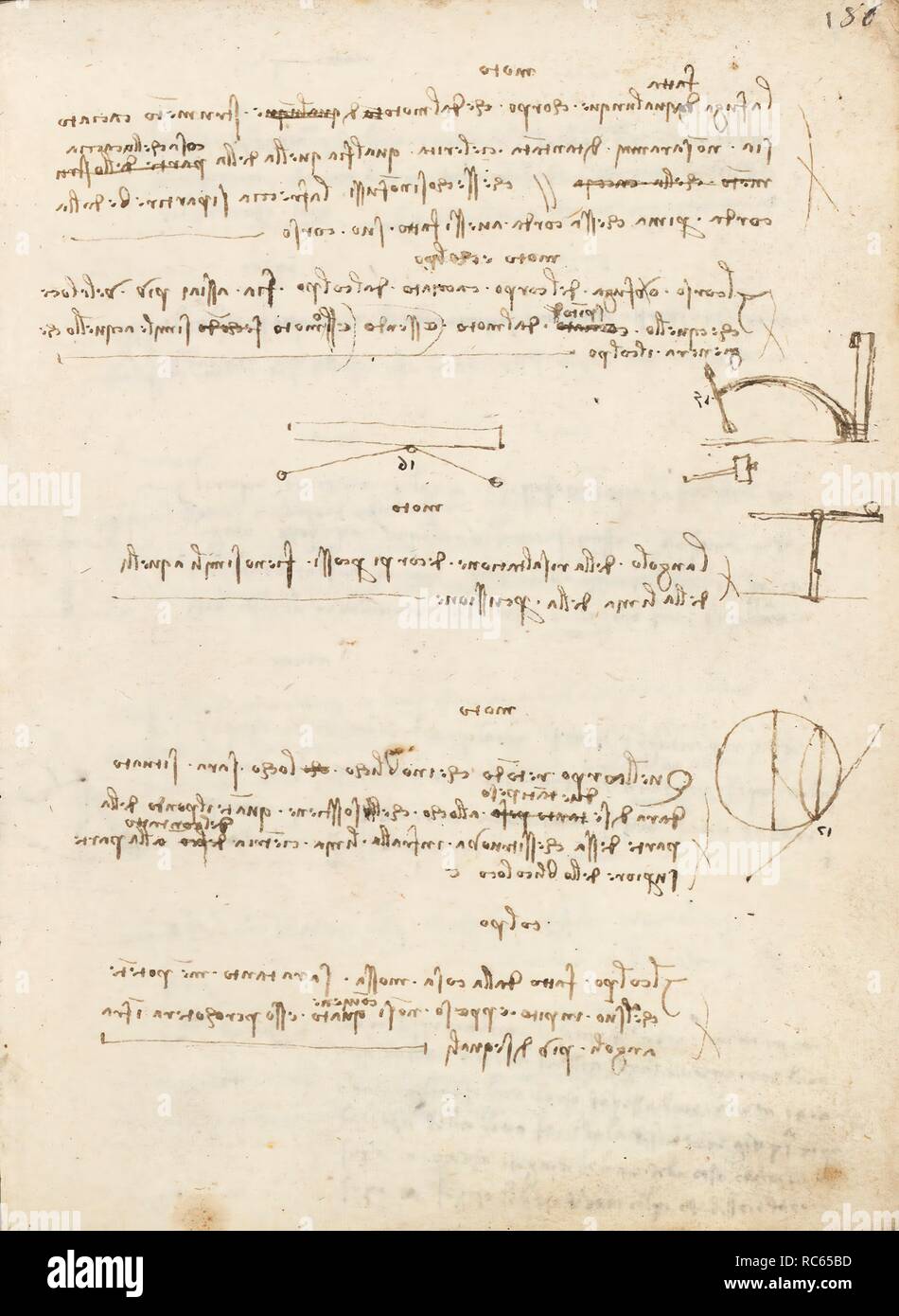 Folio f 186r. Codex Madrid I (Ms. 8937) 'Treaty of statics and mechanics', 192 folios with 384 pages. Internal format: 215 x 145 mm. APPLIED MECHANICS (MACHINES AND WITS). PRINCIPLES OF MECHANICS, CINEMATICS, DYNAMICS. Museum: BIBLIOTECA NACIONAL DE ESPAÑA, MADRID. Author: LEONARDO DA VINCI. Stock Photo