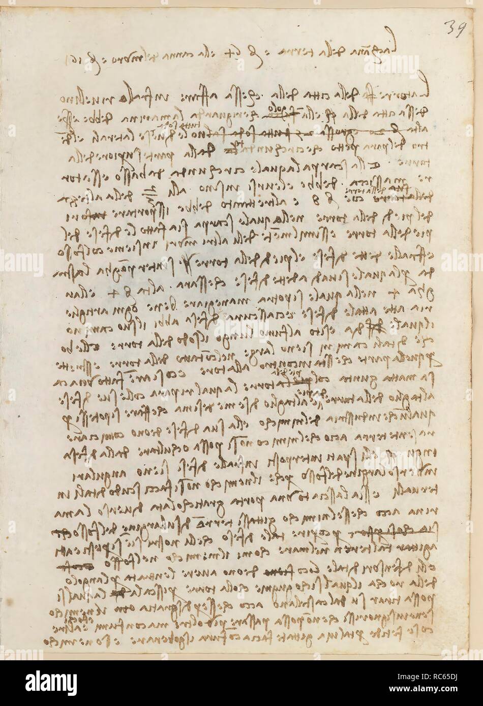 Folio f 39r. Codex Madrid II (Ms. 8936) 'Treaty of fortification, statics and geometry'. 158 folios with 316 pages. Internal format: 210 x 145 mm. CIVIL ENGINEERING, CONSTRUCTION. MILITARY ENGINEERING, FORTIFICATIONS. UNITS OF WEIGHT AND MEASURES. PRINCIPLES OF MECHANICS, CINEMATICS, DYNAMICS. Museum: BIBLIOTECA NACIONAL DE ESPAÑA, MADRID. Author: LEONARDO DA VINCI. Stock Photo
