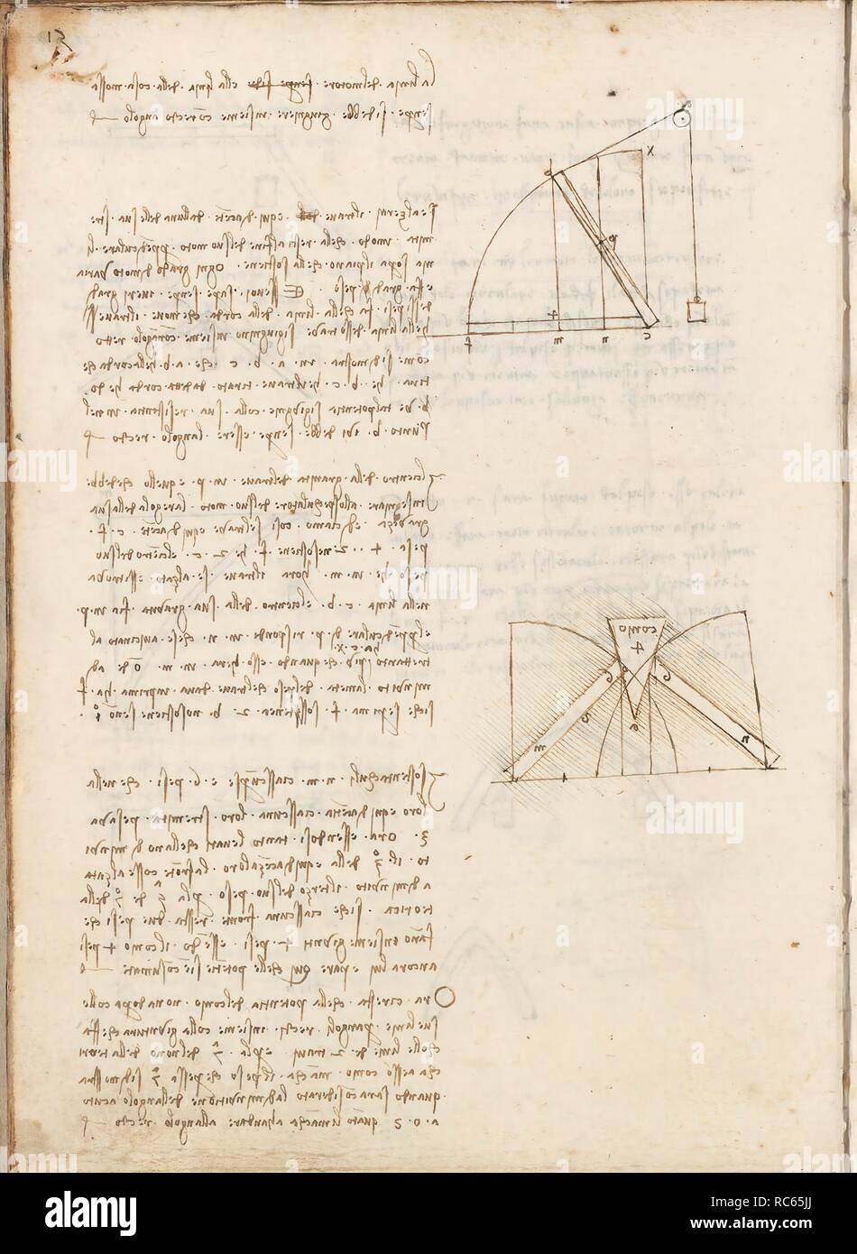 Folio f 140v. Codex Madrid I (Ms. 8937) 'Treaty of statics and mechanics', 192 folios with 384 pages. Internal format: 215 x 145 mm. PRINCIPLES OF MECHANICS, CINEMATICS, DYNAMICS. APPLIED MECHANICS (COMPONENTS). Museum: BIBLIOTECA NACIONAL DE ESPAÑA, MADRID. Author: LEONARDO DA VINCI. Stock Photo