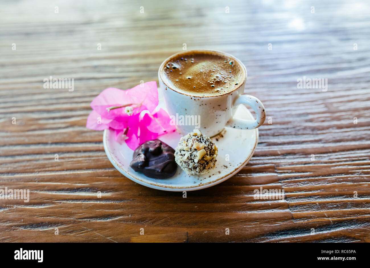 Turkish Or Greek Coffee On Wooden Table From Top View Traditional Tasty Refreshment Hot Coffee In Coffee Cup Stock Photo Alamy