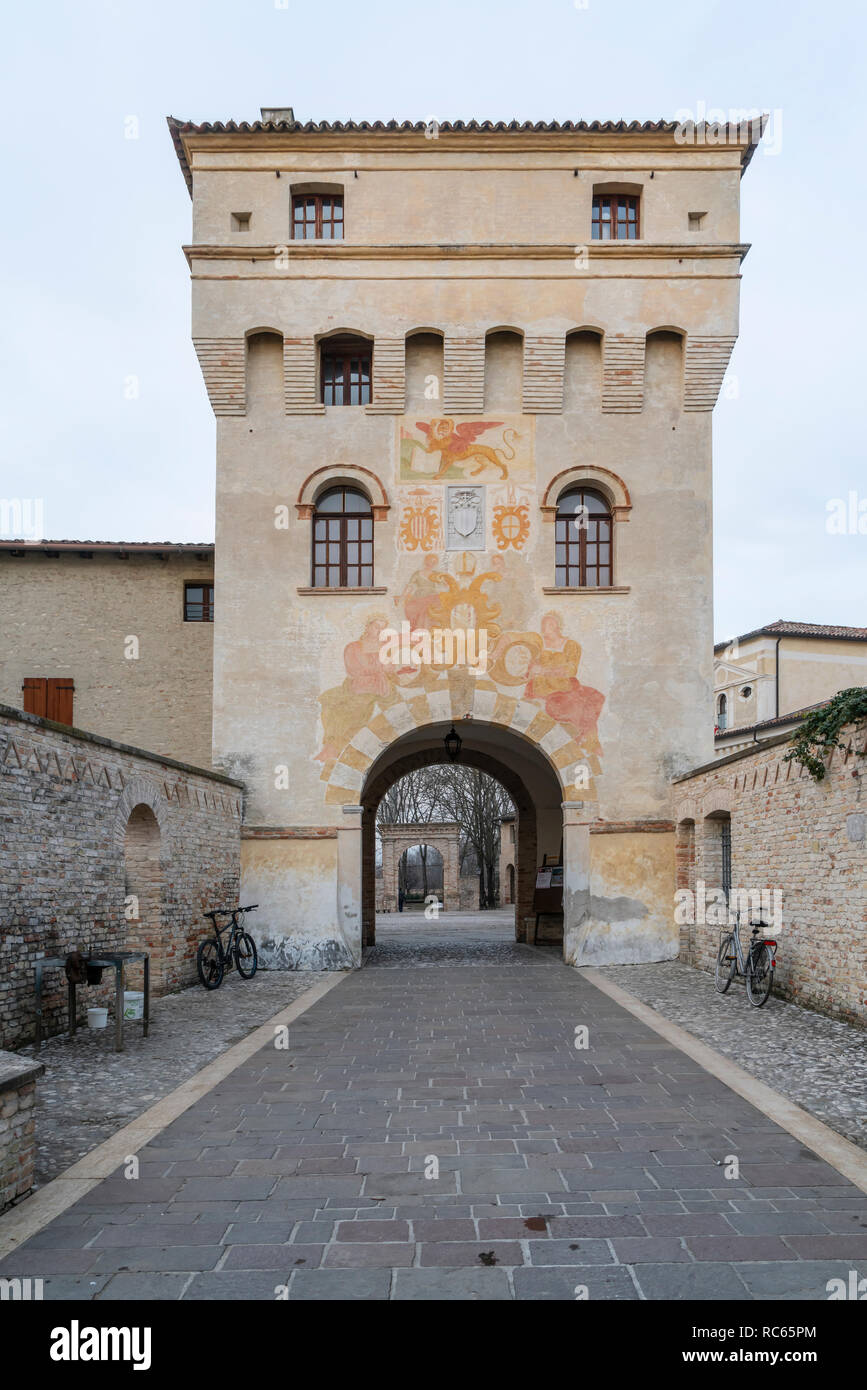 the entrance gate to the courtyard of the medieval abbey of Sesto al Reghena, Friuli Venezia Giulia region, Italy Stock Photo