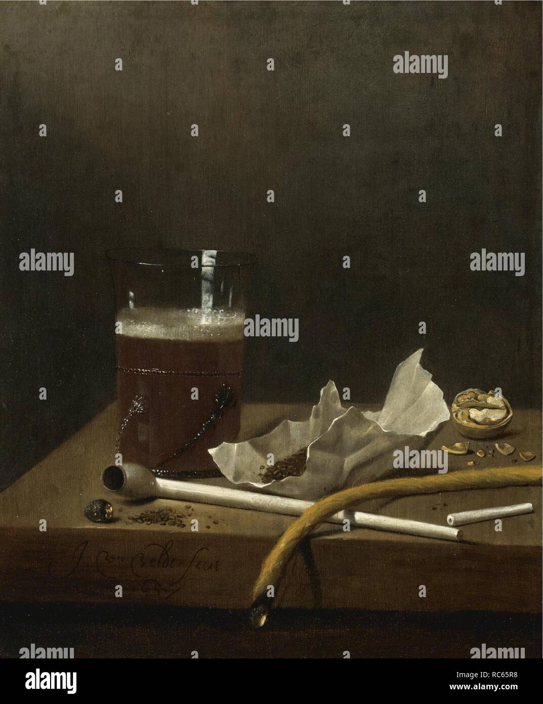 Still life with a glass of beer, a pipe, tobacco and other requisites of smoking. Museum: PRIVATE COLLECTION. Author: Velde, Jan Jansz. van de III. Stock Photo