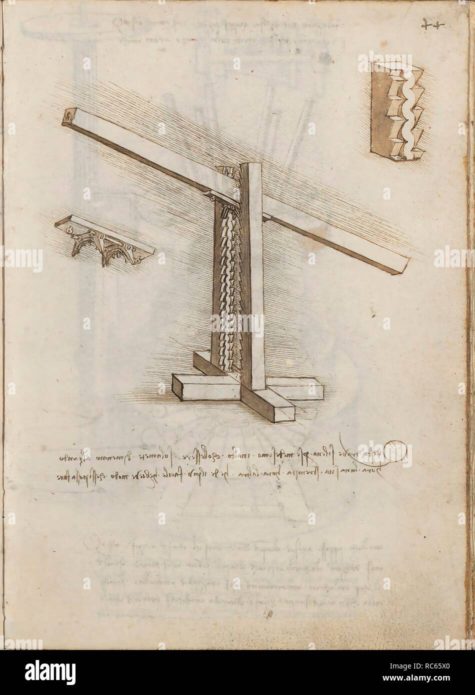 Folio f 44r. Codex Madrid I (Ms. 8937) 'Treaty of statics and mechanics', 192 folios with 384 pages. Internal format: 215 x 145 mm. CIVIL ENGINEERING, CONSTRUCTION. APPLIED MECHANICS (COMPONENTS). APPLIED MECHANICS (MACHINES AND WITS). Museum: BIBLIOTECA NACIONAL DE ESPAÑA, MADRID. Author: LEONARDO DA VINCI. Stock Photo