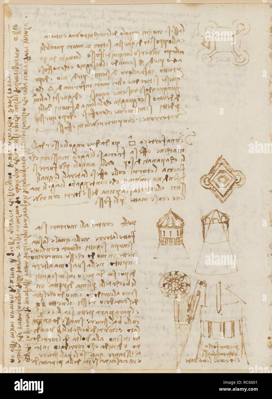 Folio f 92v. Codex Madrid II (Ms. 8936) 'Treaty of fortification, statics and geometry'. 158 folios with 316 pages. Internal format: 210 x 145 mm. APPLIED MECHANICS (MACHINES AND WITS). MENTION OF MATERIALS. MILITARY ENGINEERING, FORTIFICATIONS. Museum: BIBLIOTECA NACIONAL DE ESPAÑA, MADRID. Author: LEONARDO DA VINCI. Stock Photo