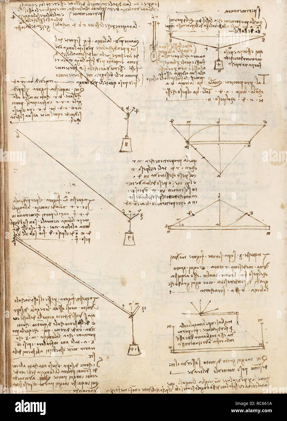 Folio f 77v. Codex Madrid I (Ms. 8937) 'Treaty of statics and mechanics', 192 folios with 384 pages. Internal format: 215 x 145 mm. CIVIL ENGINEERING, CONSTRUCTION. MATHEMATICS. PRINCIPLES OF MECHANICS, CINEMATICS, DYNAMICS. APPLIED MECHANICS (COMPONENTS). Museum: BIBLIOTECA NACIONAL DE ESPAÑA, MADRID. Author: LEONARDO DA VINCI. Stock Photo