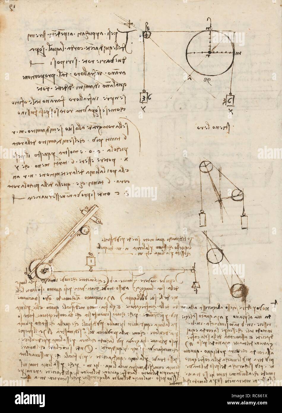 Folio f 172v. Codex Madrid I (Ms. 8937) 'Treaty of statics and mechanics', 192 folios with 384 pages. Internal format: 215 x 145 mm. CIVIL ENGINEERING, CONSTRUCTION. APPLIED MECHANICS (MACHINES AND WITS). PRINCIPLES OF MECHANICS, CINEMATICS, DYNAMICS. APPLIED MECHANICS (COMPONENTS). Museum: BIBLIOTECA NACIONAL DE ESPAÑA, MADRID. Author: LEONARDO DA VINCI. Stock Photo
