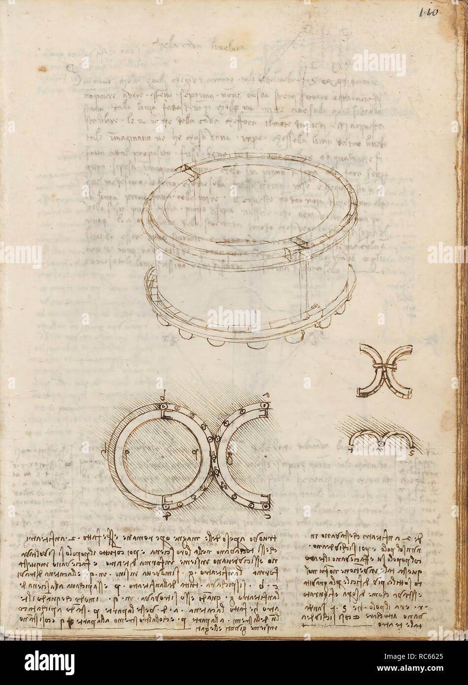 Folio f 110r. Codex Madrid I (Ms. 8937) 'Treaty of statics and mechanics', 192 folios with 384 pages. Internal format: 215 x 145 mm. CIVIL ENGINEERING, CONSTRUCTION. PRINCIPLES OF MECHANICS, CINEMATICS, DYNAMICS. Museum: BIBLIOTECA NACIONAL DE ESPAÑA, MADRID. Author: LEONARDO DA VINCI. Stock Photo