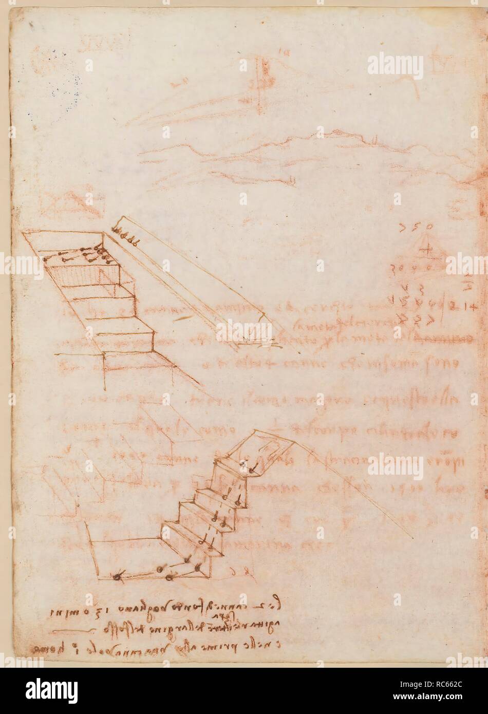 Folio f 10v. Codex Madrid II (Ms. 8936) 'Treaty of fortification, statics and geometry'. 158 folios with 316 pages. Internal format: 210 x 145 mm. OBSERVATION OF NATURE. CIVIL ENGINEERING, CONSTRUCTION. MILITARY ENGINEERING, FORTIFICATIONS. MATH OPERATIONS, ACCOUNTING NOTES. UNITS OF WEIGHT AND MEASURES. PRINCIPLES OF MECHANICS, CINEMATICS, DYNAMICS. Museum: BIBLIOTECA NACIONAL DE ESPAÑA, MADRID. Author: LEONARDO DA VINCI. Stock Photo