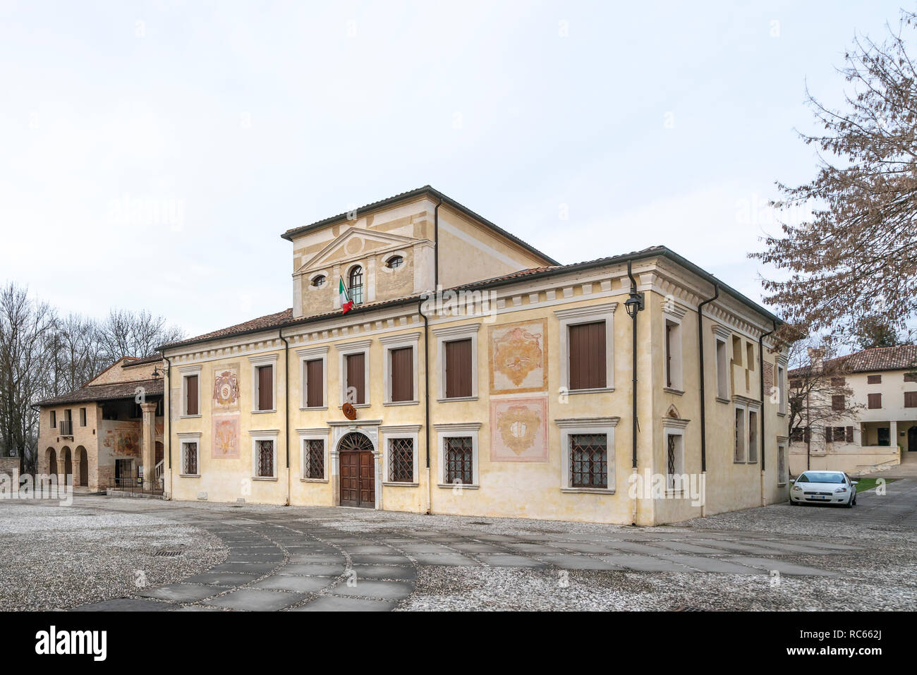 the seat of the town hall in the courtyard of the medieval abbey of Sesto al Reghena, Friuli Venezia Giulia region, Italy Stock Photo