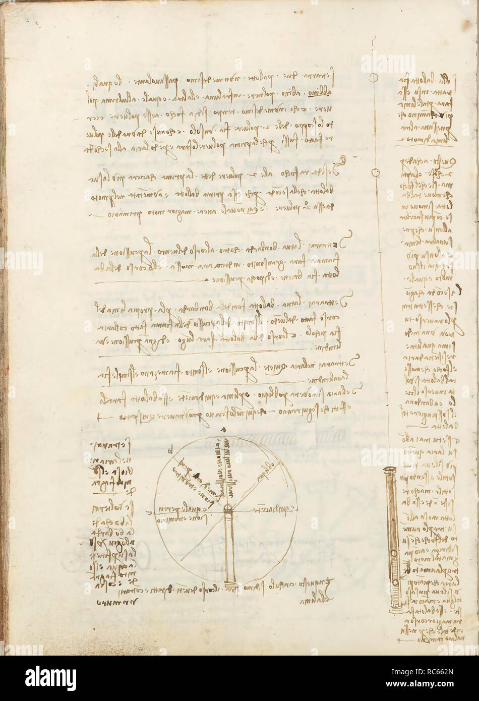 Folio f 58v. Codex Madrid I (Ms. 8937) 'Treaty of statics and mechanics', 192 folios with 384 pages. Internal format: 215 x 145 mm. PRINCIPLES OF MECHANICS, CINEMATICS, DYNAMICS. APPLIED MECHANICS (MACHINES AND WITS). Museum: BIBLIOTECA NACIONAL DE ESPAÑA, MADRID. Author: LEONARDO DA VINCI. Stock Photo