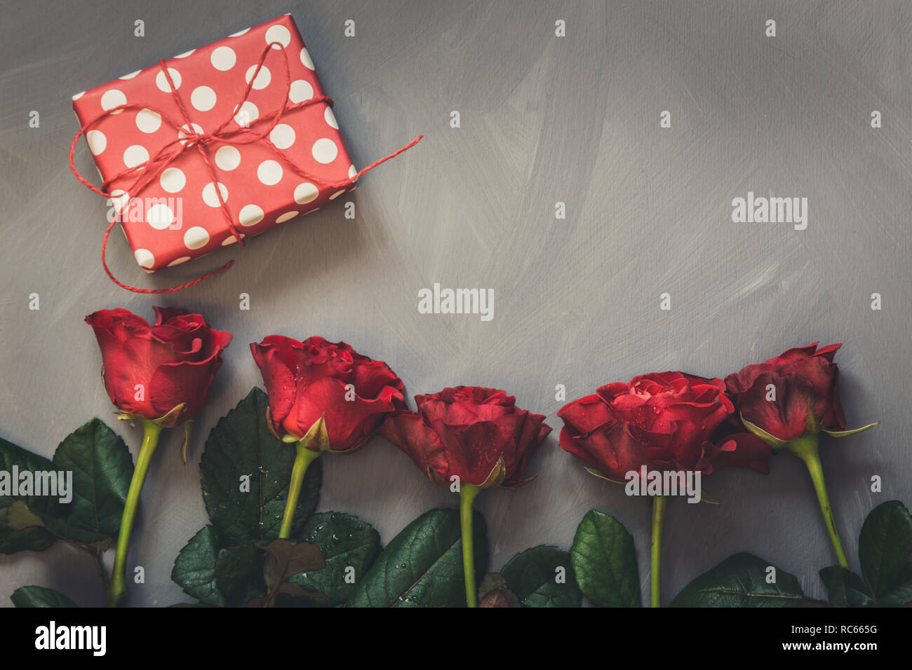 Red roses closeup. Beautiful bouquet. Happy Birthday card Stock