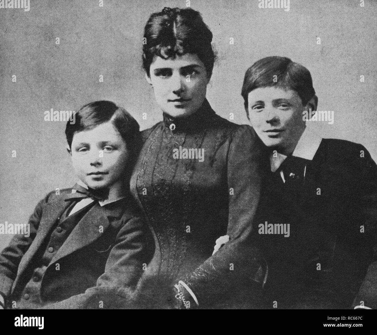 Winston Churchill's Mother with her two sons, Jack and Winston. 1889. Stock Photo