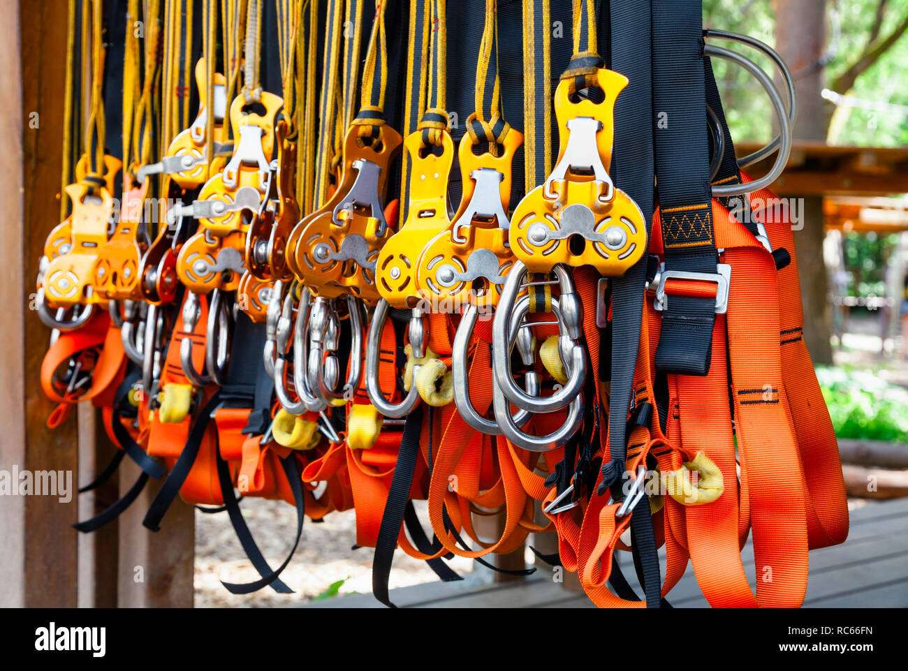 Closeup shot of safety harness self belay equipment at ropes course in