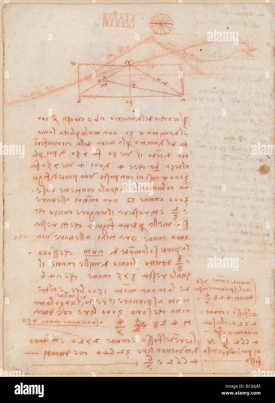 Folio f 32v. Codex Madrid II (Ms. 8936) 'Treaty of fortification, statics and geometry'. 158 folios with 316 pages. Internal format: 210 x 145 mm. MATH OPERATIONS, ACCOUNTING NOTES. CIVIL ENGINEERING, CONSTRUCTION. MILITARY ENGINEERING, FORTIFICATIONS. UNITS OF WEIGHT AND MEASURES. PRINCIPLES OF MECHANICS, CINEMATICS, DYNAMICS. Museum: BIBLIOTECA NACIONAL DE ESPAÑA, MADRID. Author: LEONARDO DA VINCI. Stock Photo