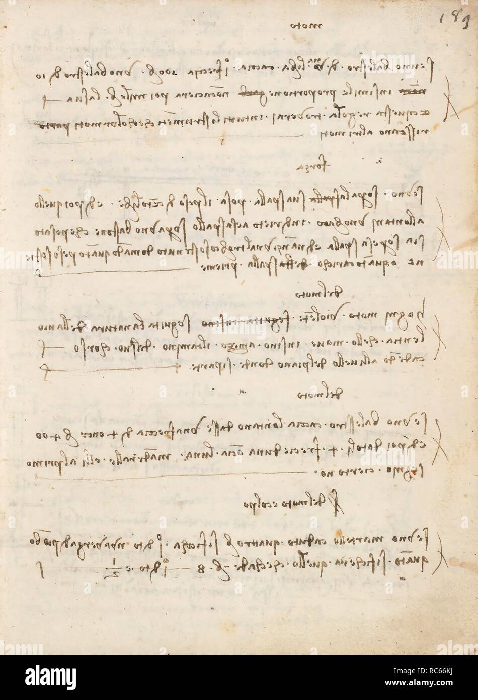 Folio f 189r. Codex Madrid I (Ms. 8937) 'Treaty of statics and mechanics', 192 folios with 384 pages. Internal format: 215 x 145 mm. APPLIED MECHANICS (MACHINES AND WITS). OBSERVATION OF NATURE. MENTION OF MATERIALS. UNITS OF WEIGHT AND MEASURES. PRINCIPLES OF MECHANICS, CINEMATICS, DYNAMICS. Museum: BIBLIOTECA NACIONAL DE ESPAÑA, MADRID. Author: LEONARDO DA VINCI. Stock Photo