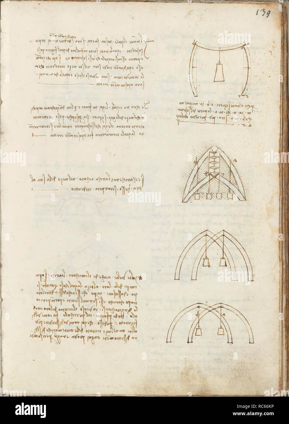 Folio f 139r. Codex Madrid I (Ms. 8937) "Treaty of statics and mechanics", 192 folios with 384 pages. Internal format: 215 x 145 mm. CIVIL ENGINEERING, CONSTRUCTION. APPLIED MECHANICS (MACHINES AND WITS). MENTION OF MATERIALS. PRINCIPLES OF MECHANICS, CINEMATICS, DYNAMICS. Museum: BIBLIOTECA NACIONAL DE ESPAÑA, MADRID. Author: LEONARDO DA VINCI. Stock Photo