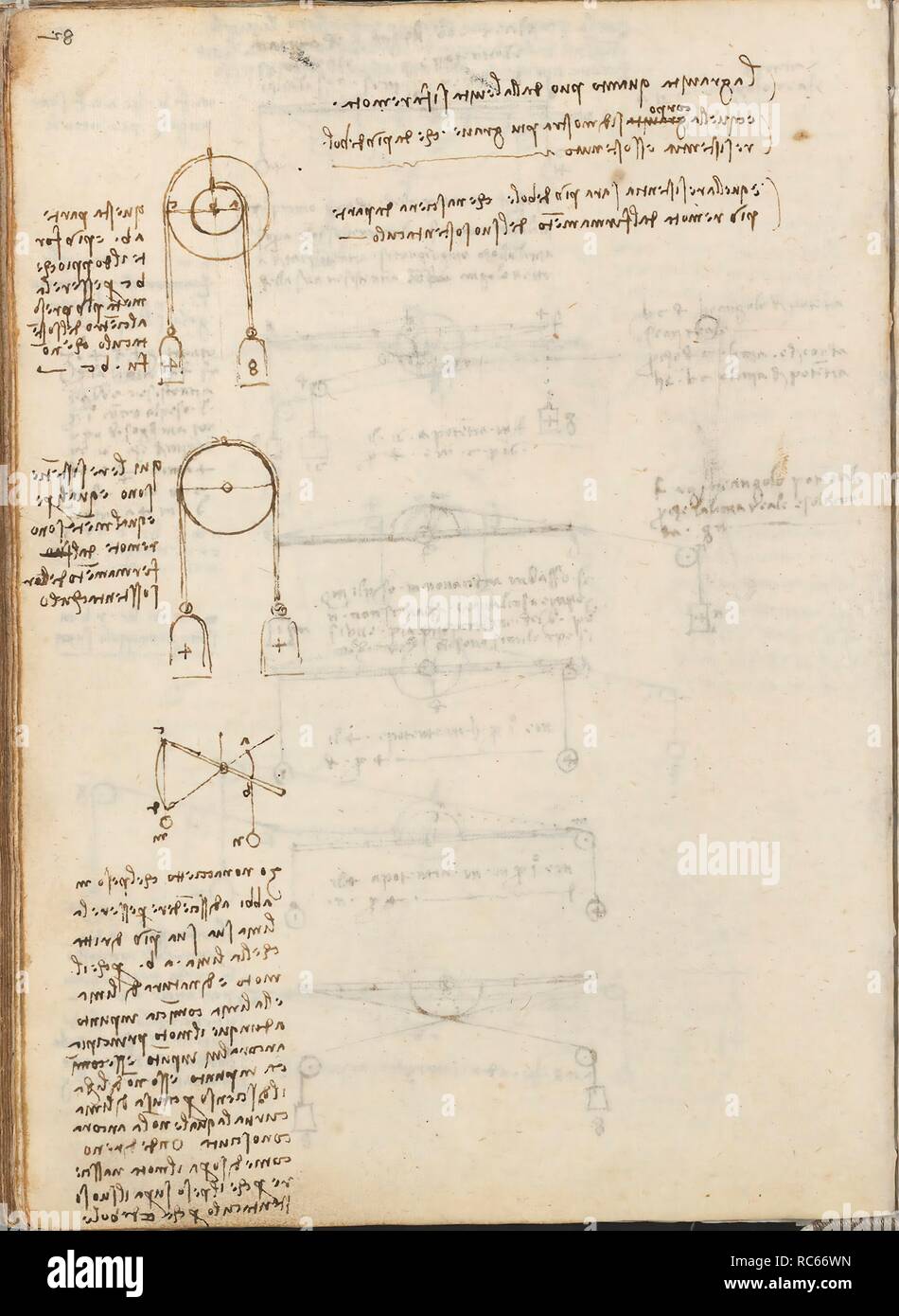 Folio f 109v. Codex Madrid I (Ms. 8937) 'Treaty of statics and mechanics', 192 folios with 384 pages. Internal format: 215 x 145 mm. APPLIED MECHANICS (COMPONENTS). PRINCIPLES OF MECHANICS, CINEMATICS, DYNAMICS. Museum: BIBLIOTECA NACIONAL DE ESPAÑA, MADRID. Author: LEONARDO DA VINCI. Stock Photo