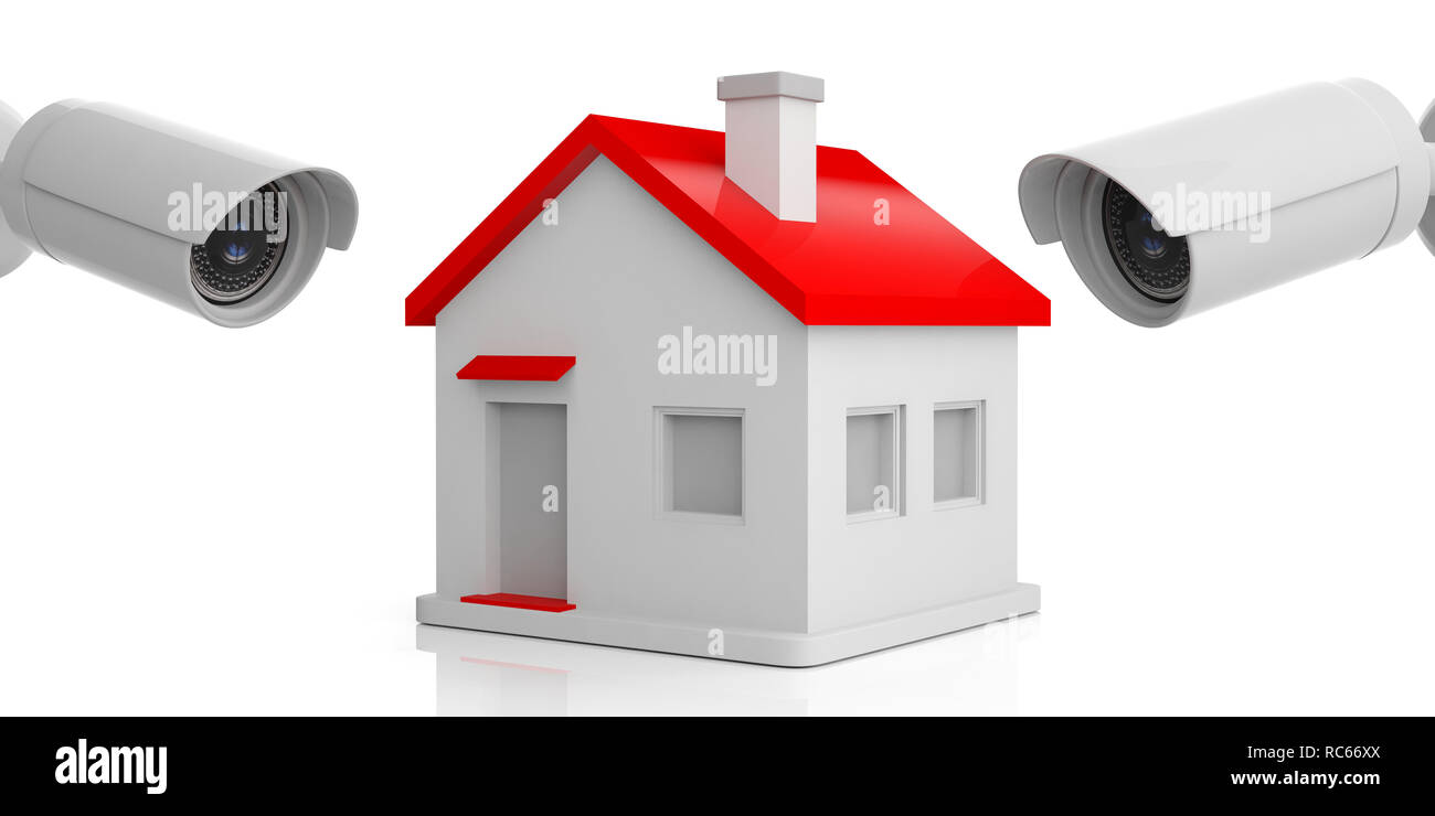 Security CCTV system and home. Surveillance cameras monitoring a small house on white background. 3d illustration Stock Photo