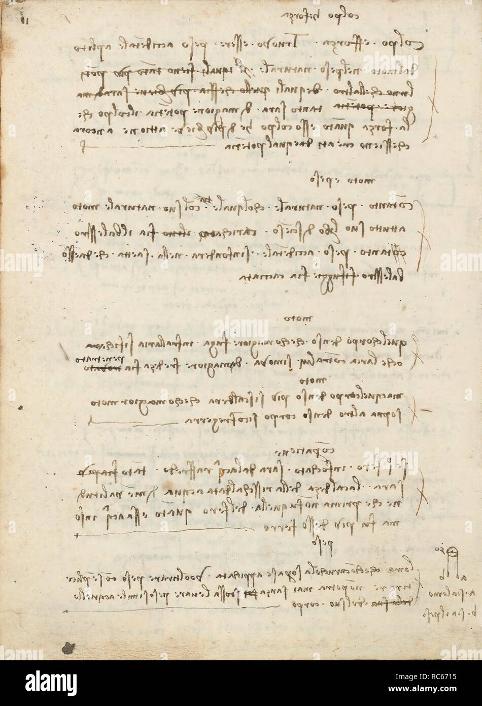 Folio f 180v. Codex Madrid I (Ms. 8937) 'Treaty of statics and mechanics', 192 folios with 384 pages. Internal format: 215 x 145 mm. APPLIED MECHANICS (COMPONENTS). APPLIED MECHANICS (MACHINES AND WITS). OBSERVATION OF NATURE. PRINCIPLES OF MECHANICS, CINEMATICS, DYNAMICS. MENTION OF MATERIALS. Museum: BIBLIOTECA NACIONAL DE ESPAÑA, MADRID. Author: LEONARDO DA VINCI. Stock Photo