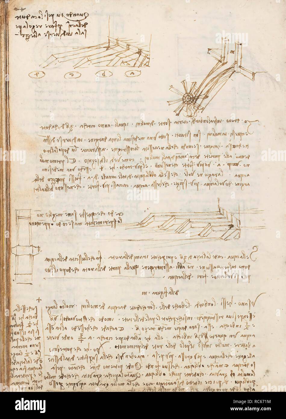 Folio f 151v. Codex Madrid I (Ms. 8937) "Treaty of statics and mechanics", 192 folios with 384 pages. Internal format: 215 x 145 mm. CIVIL ENGINEERING, CONSTRUCTION. APPLIED MECHANICS (MACHINES AND WITS). PERSPECTIVE, OPTICS, PAINTING, DRAWING. UNITS OF WEIGHT AND MEASURES. TOPOGRAPHIC REFERENCES. PRINCIPLES OF MECHANICS, CINEMATICS, DYNAMICS. Museum: BIBLIOTECA NACIONAL DE ESPAÑA, MADRID. Author: LEONARDO DA VINCI. Stock Photo