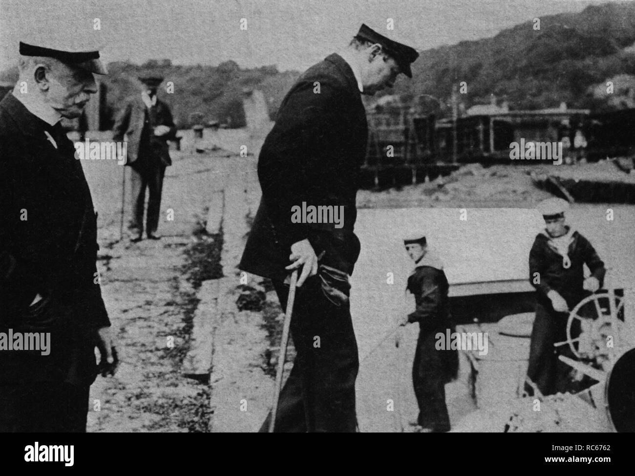 Winston Churchill with Field Marshall Sir John French inspecting naval installations in Scotland.  Summer 1914 Stock Photo
