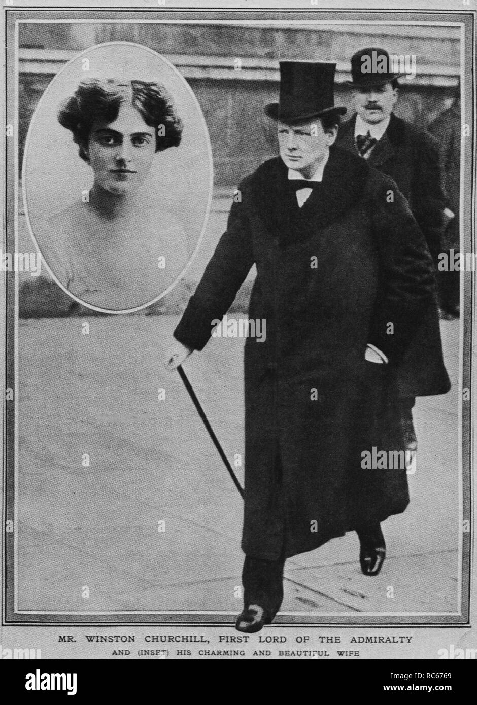 Winston Churchill, first Lord of the Admiralty, as he appeared in 'Tatler' on 12th August 1914 with inset photograph of his wife Clementine Stock Photo
