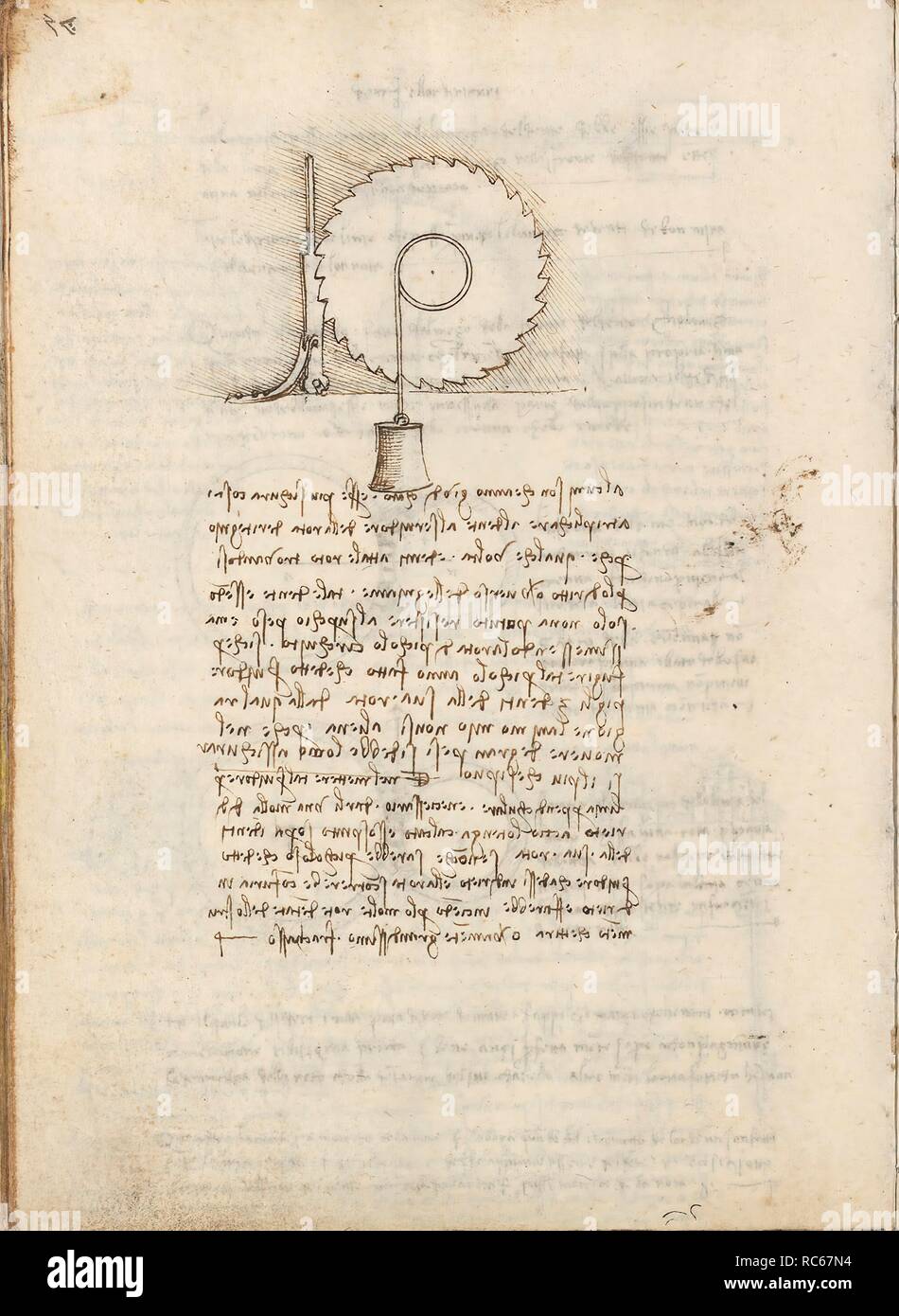 Folio f 116v. Codex Madrid I (Ms. 8937) 'Treaty of statics and mechanics', 192 folios with 384 pages. Internal format: 215 x 145 mm. APPLIED MECHANICS (COMPONENTS). MENTION OF MATERIALS. PRINCIPLES OF MECHANICS, CINEMATICS, DYNAMICS. Museum: BIBLIOTECA NACIONAL DE ESPAÑA, MADRID. Author: LEONARDO DA VINCI. Stock Photo