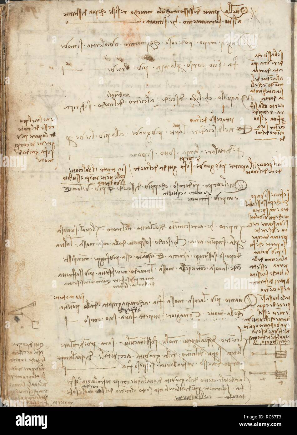 Folio f 190v. Codex Madrid I (Ms. 8937) 'Treaty of statics and mechanics', 192 folios with 384 pages. Internal format: 215 x 145 mm. APPLIED MECHANICS (MACHINES AND WITS). PRINCIPLES OF MECHANICS, CINEMATICS, DYNAMICS. OBSERVATION OF NATURE. Museum: BIBLIOTECA NACIONAL DE ESPAÑA, MADRID. Author: LEONARDO DA VINCI. Stock Photo