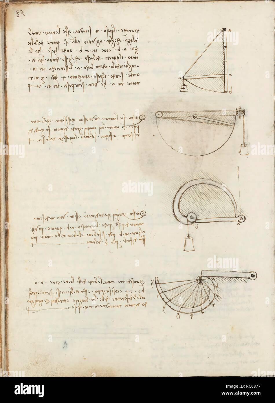 Folio f 138v. Codex Madrid I (Ms. 8937) 'Treaty of statics and mechanics', 192 folios with 384 pages. Internal format: 215 x 145 mm. APPLIED MECHANICS (MACHINES AND WITS). PRINCIPLES OF MECHANICS, CINEMATICS, DYNAMICS. Museum: BIBLIOTECA NACIONAL DE ESPAÑA, MADRID. Author: LEONARDO DA VINCI. Stock Photo