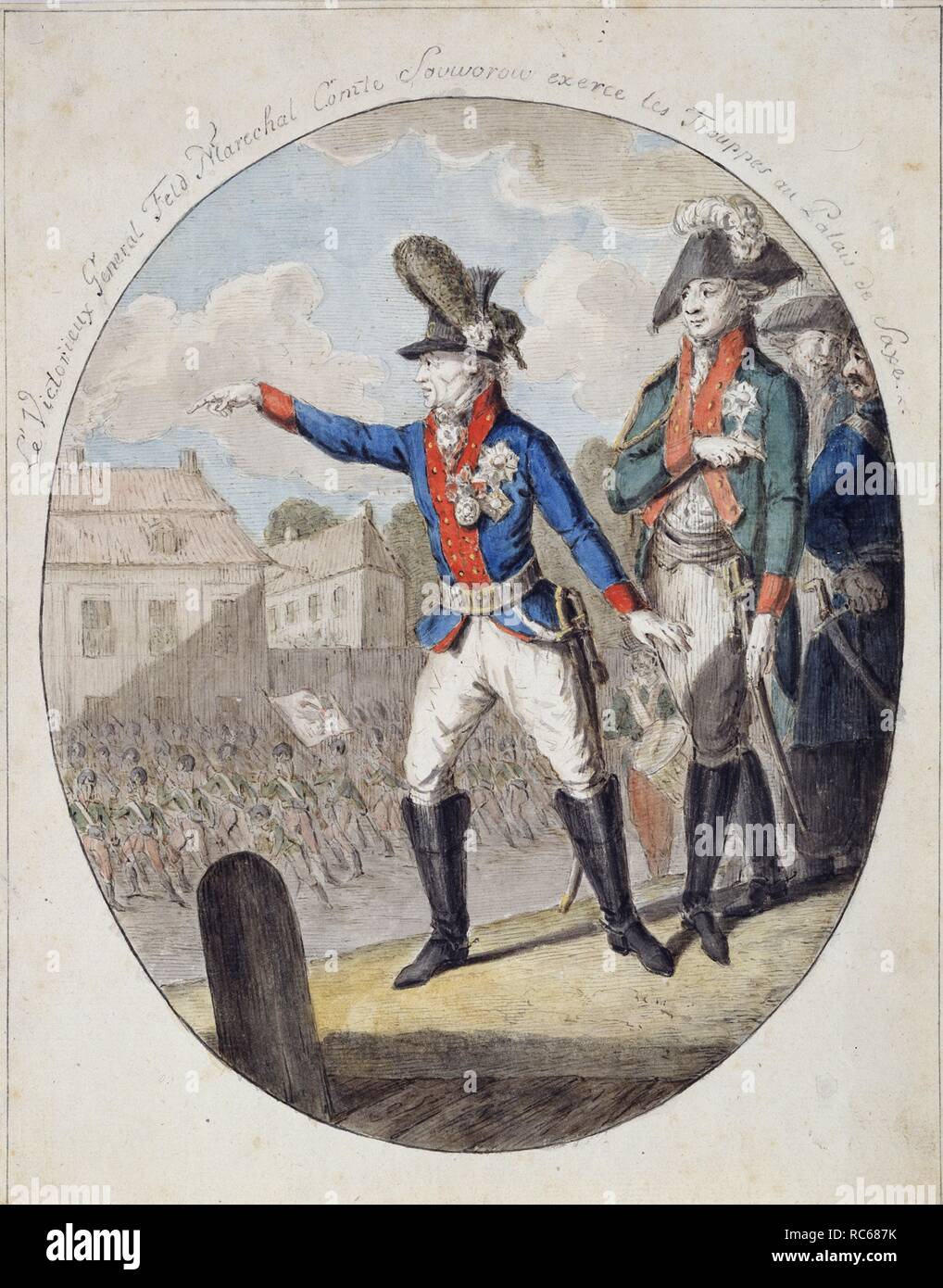 Field Marshal A. Suvorov inspecting the troops before the Elector of Saxony Palace in Warsaw in 1794. Museum: State A. Pushkin Museum of Fine Arts, Moscow. Author: ANONYMOUS. Stock Photo
