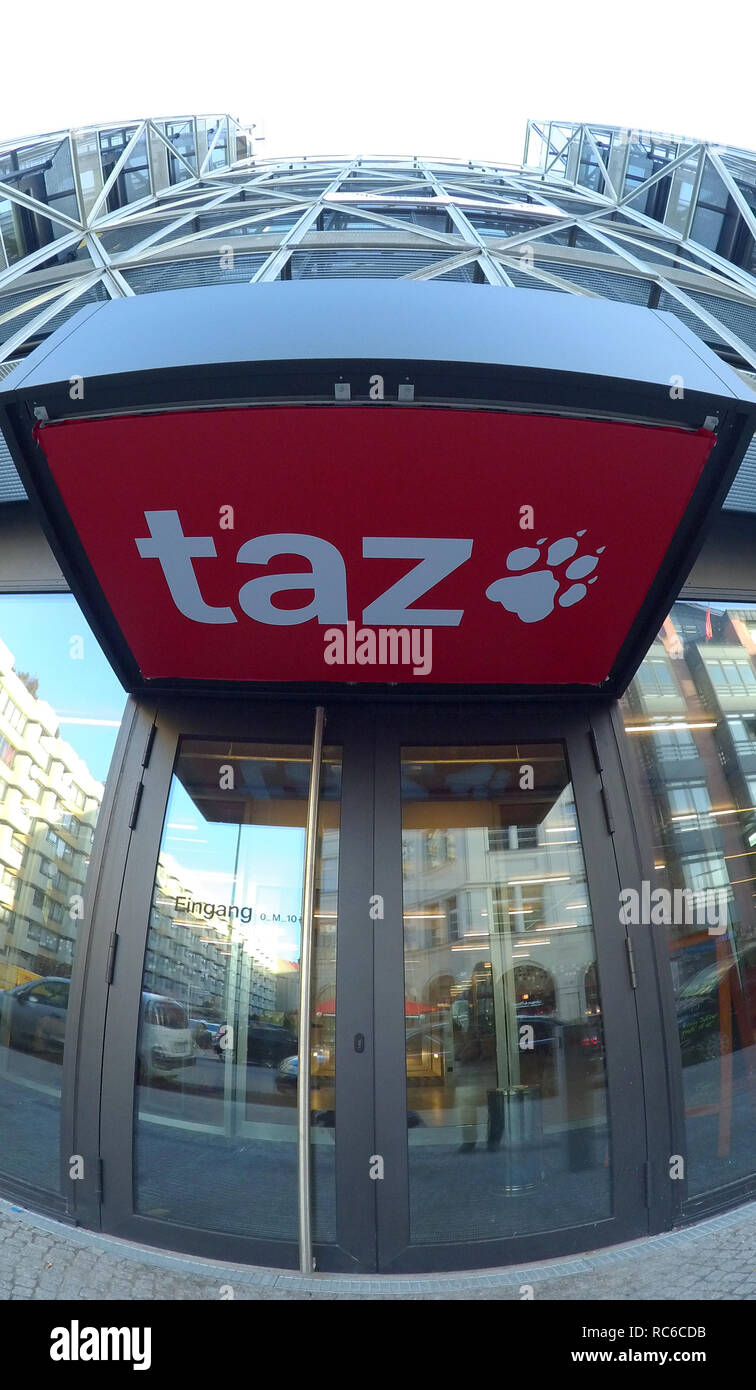 Berlin, Germany. 14th Jan, 2019. "taz" stands above the entrance of the editorial office building of "taz" on Friedrichstraße. In the morning several people had penetrated the area, attacking one of the employees and putting up posters. The police ended the short-term occupation. The "taz" published a message about the incident on the homepage. After that, the intruders were activists of the right-wing "identity movement". Credit: Paul Zinken/dpa/Alamy Live News Stock Photo