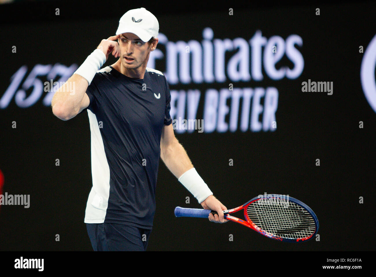 Melbourne, Australia. 14th Jan, 2019. Andy Murray from Great Britain in action during his1st round match at the 2019 Australian Open Grand Slam tennis tournament in Melbourne, Australia. Frank Molter/Alamy Live news Stock Photo