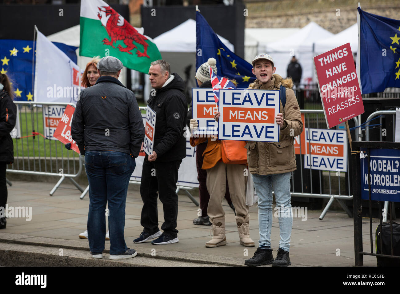 London, UK. 14th Jan 2019. Leave and Pro EU Remain supporters outside Houses of Parliament, London, UK 14th January 2019 Pro Remain suppoorters try to gather last ditch support against Brexit ahead of tomorrow's meaningful vote where Members of Parliament will approve or reject Theresa May's controversial plan. However, last month the prime minister dramatically called off the 'meaningful vote', in the face of what had been expected to be a significant defeat at the hands of rebel MPs. Credit: Jeff Gilbert/Alamy Live News Stock Photo