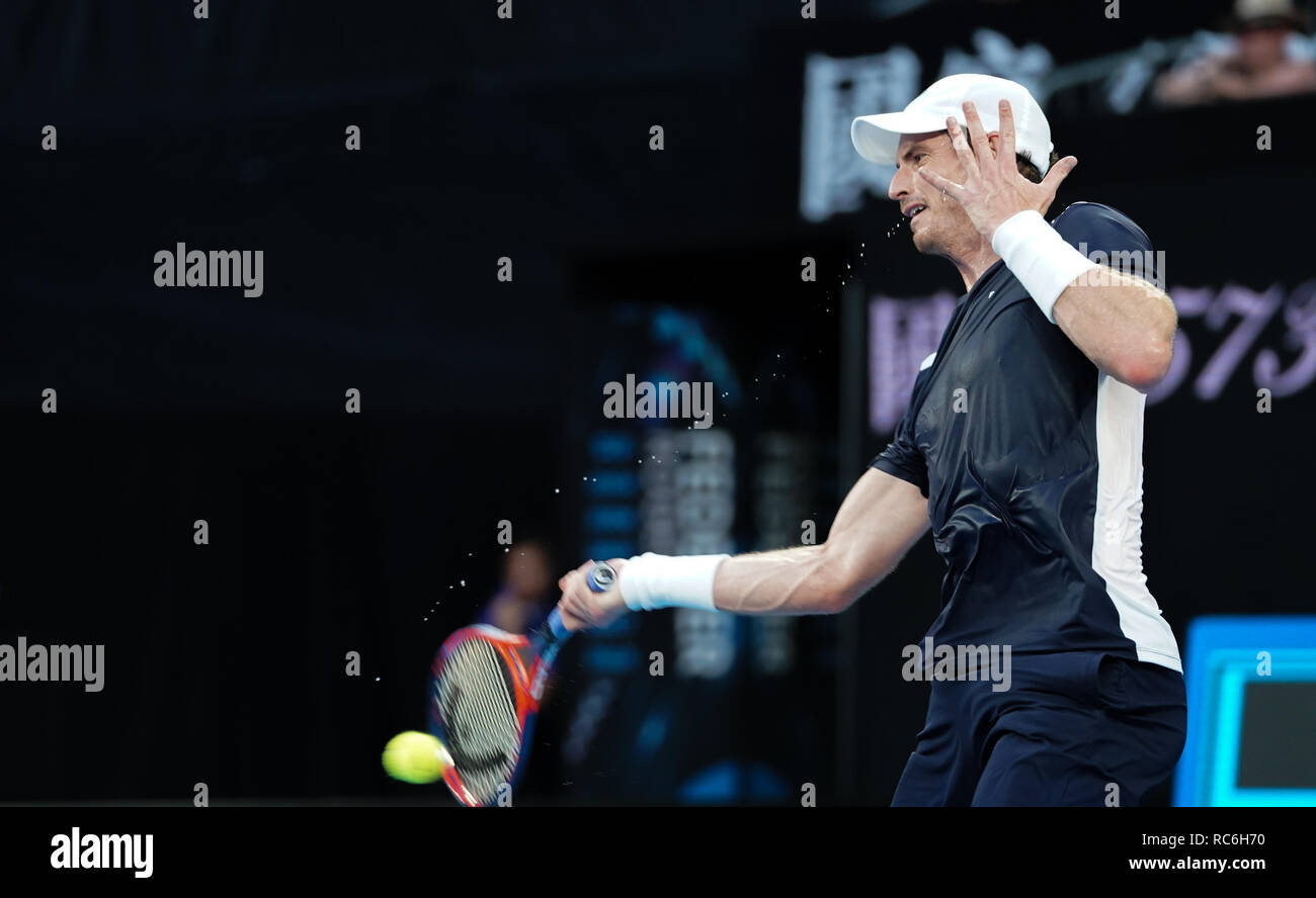 Melbourn, Australia. 14th Jan, 2019. Andy Murray of Britain returns the ball during the men's singles first round match between Andy Murray of Britain and Roberto Bautista Agut of Spain at the 2019 Australian Open in Melbourne, Australia, Jan. 14, 2019. Andy Murray lost 2-3. Credit: Bai Xuefei/Xinhua/Alamy Live News Stock Photo